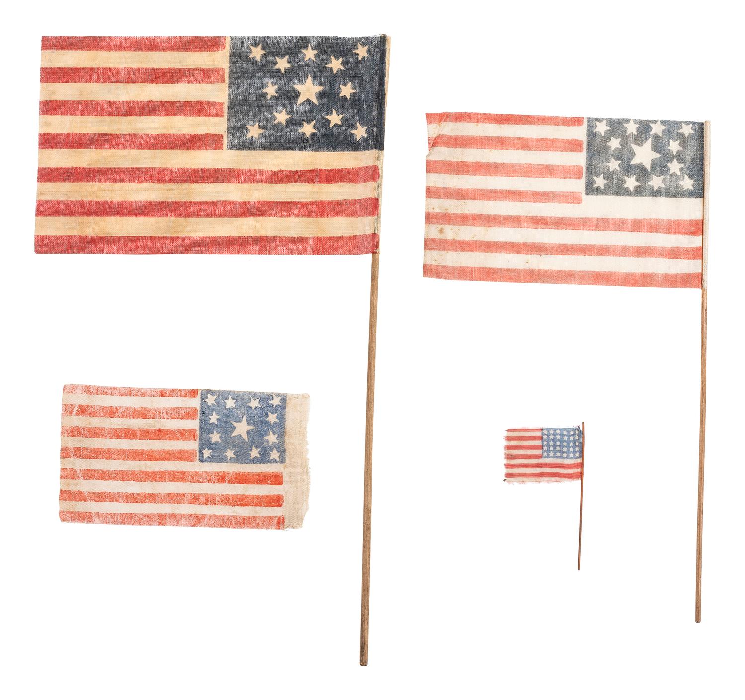 [FLAGS]. A group of 4 American parade flags, including 13-star and 30-star examples.