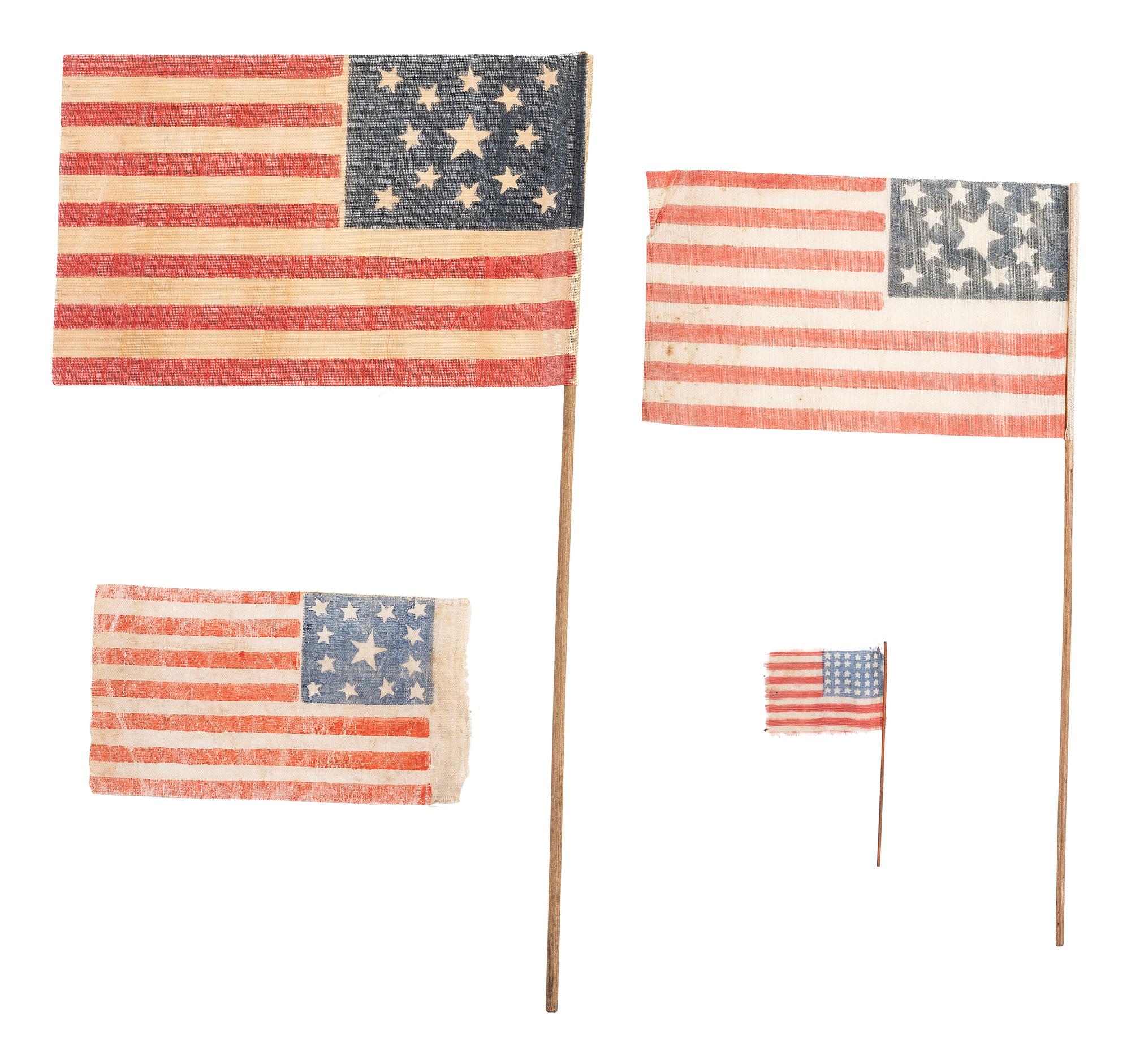 [FLAGS]. A group of 4 American parade flags, including 13-star and 30-star examples.