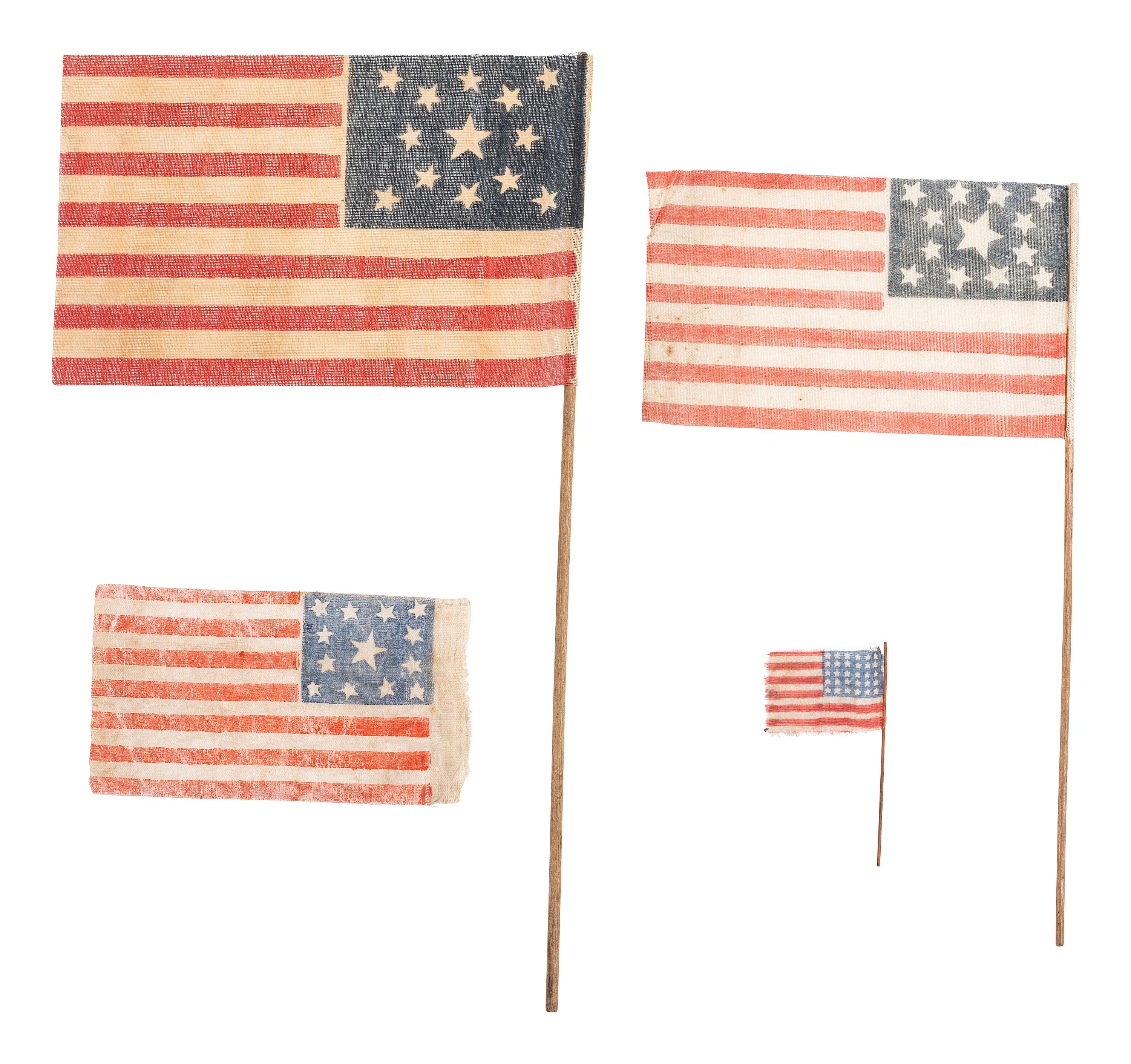 [FLAGS]. A group of 4 American parade flags, including 13-star and 30-star examples.