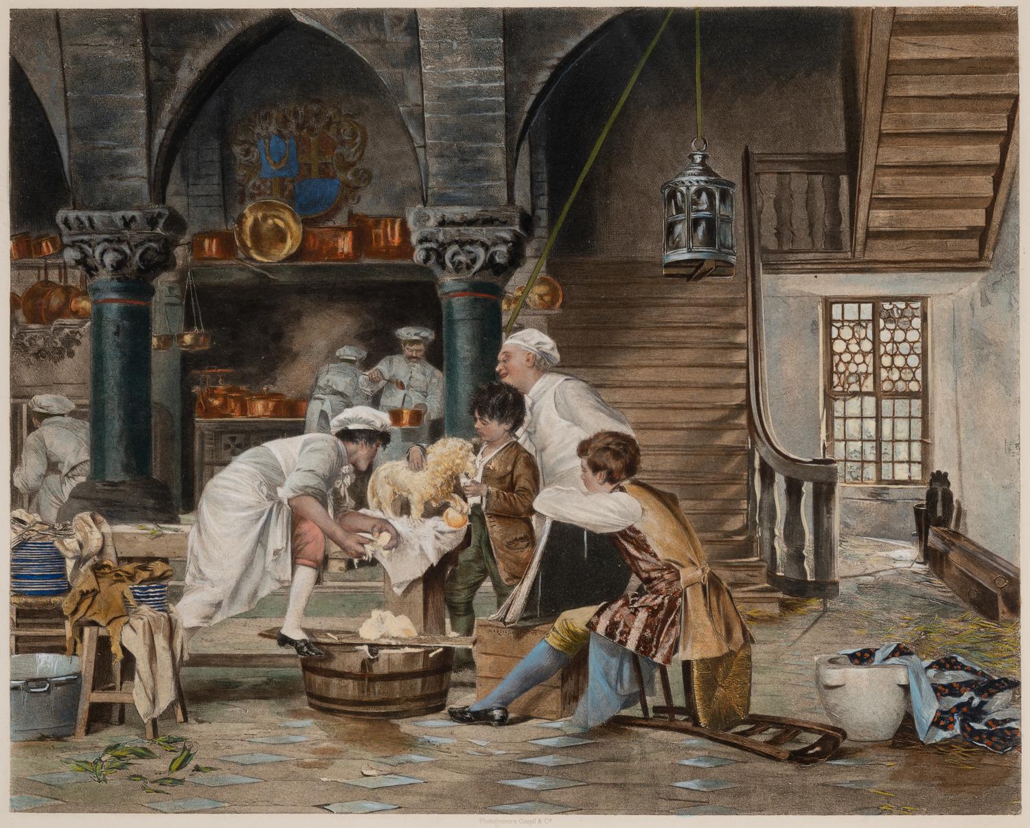 A group of 2 photogravures by Goupil & Co., depicting 18th century kitchen scenes. N.d.. 17 3/4 x 21 1/2 in or smaller. Matted and framed.