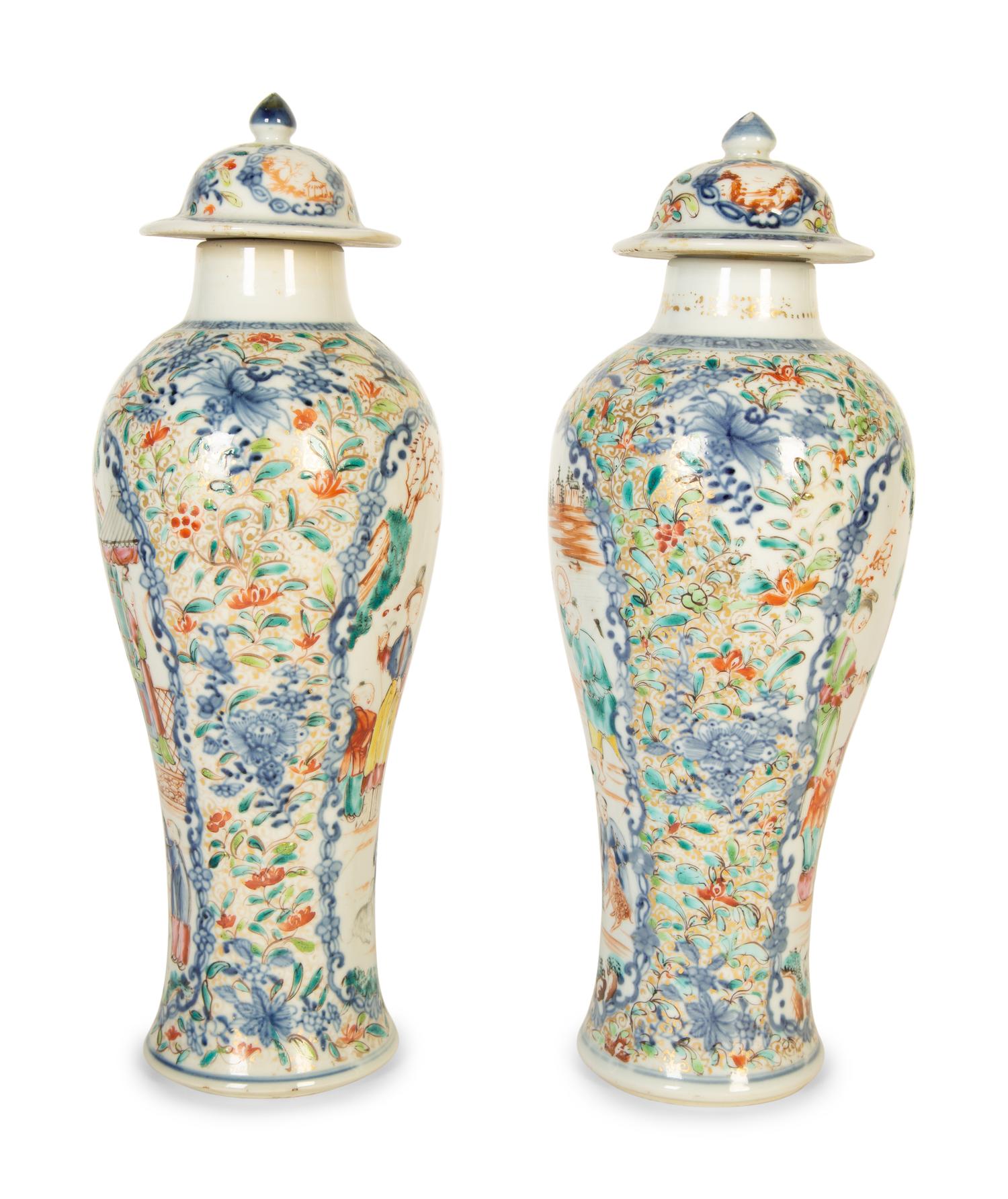 A Pair of Chinese Export Famille Rose Porcelain Covered Urns — 19th Century