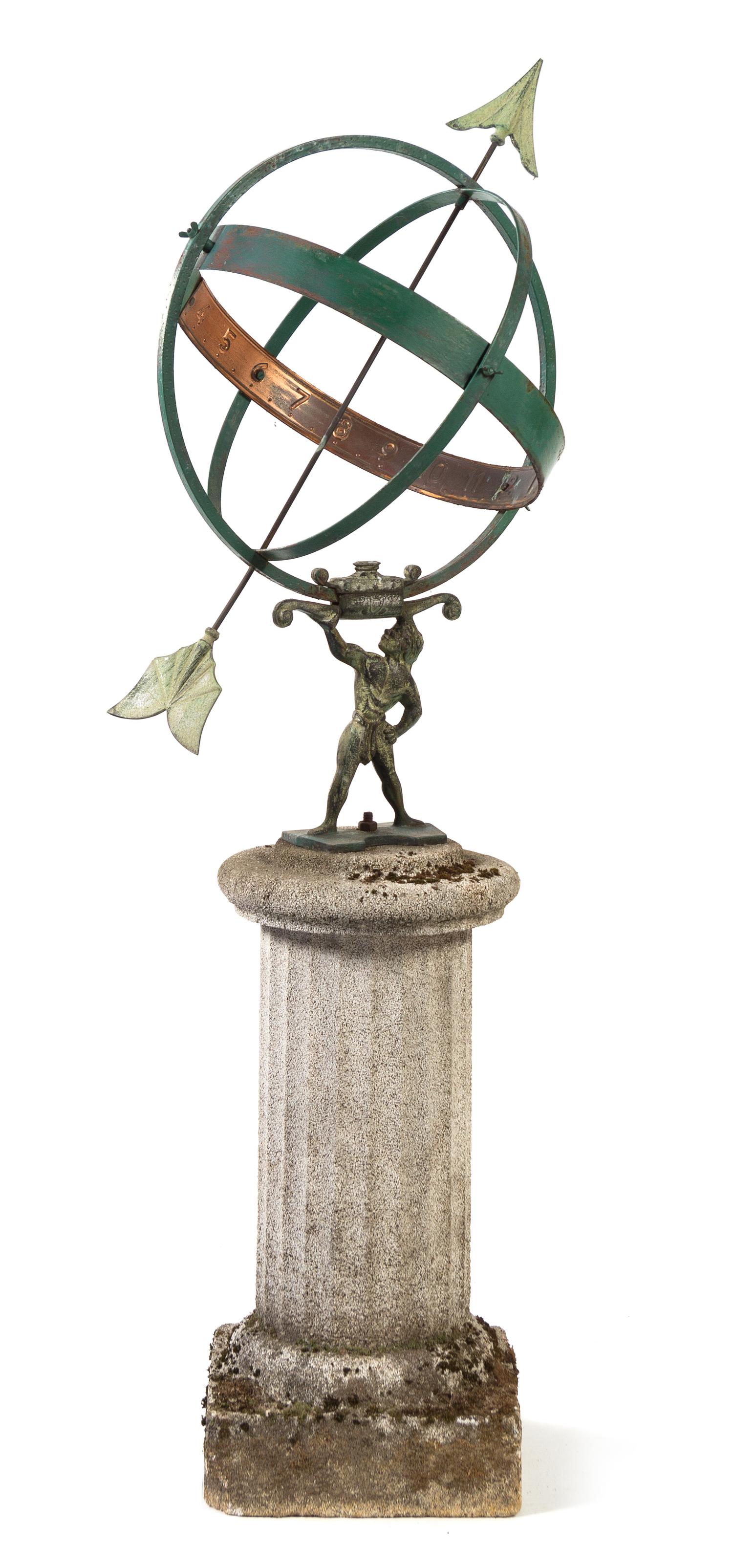 A Continental Patinated Iron Armillary Sphere and Pedestal Height 54 inches.