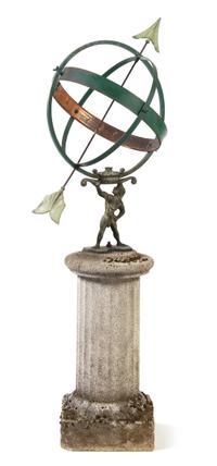 A Continental Patinated Iron Armillary Sphere and Pedestal Height 54 inches.