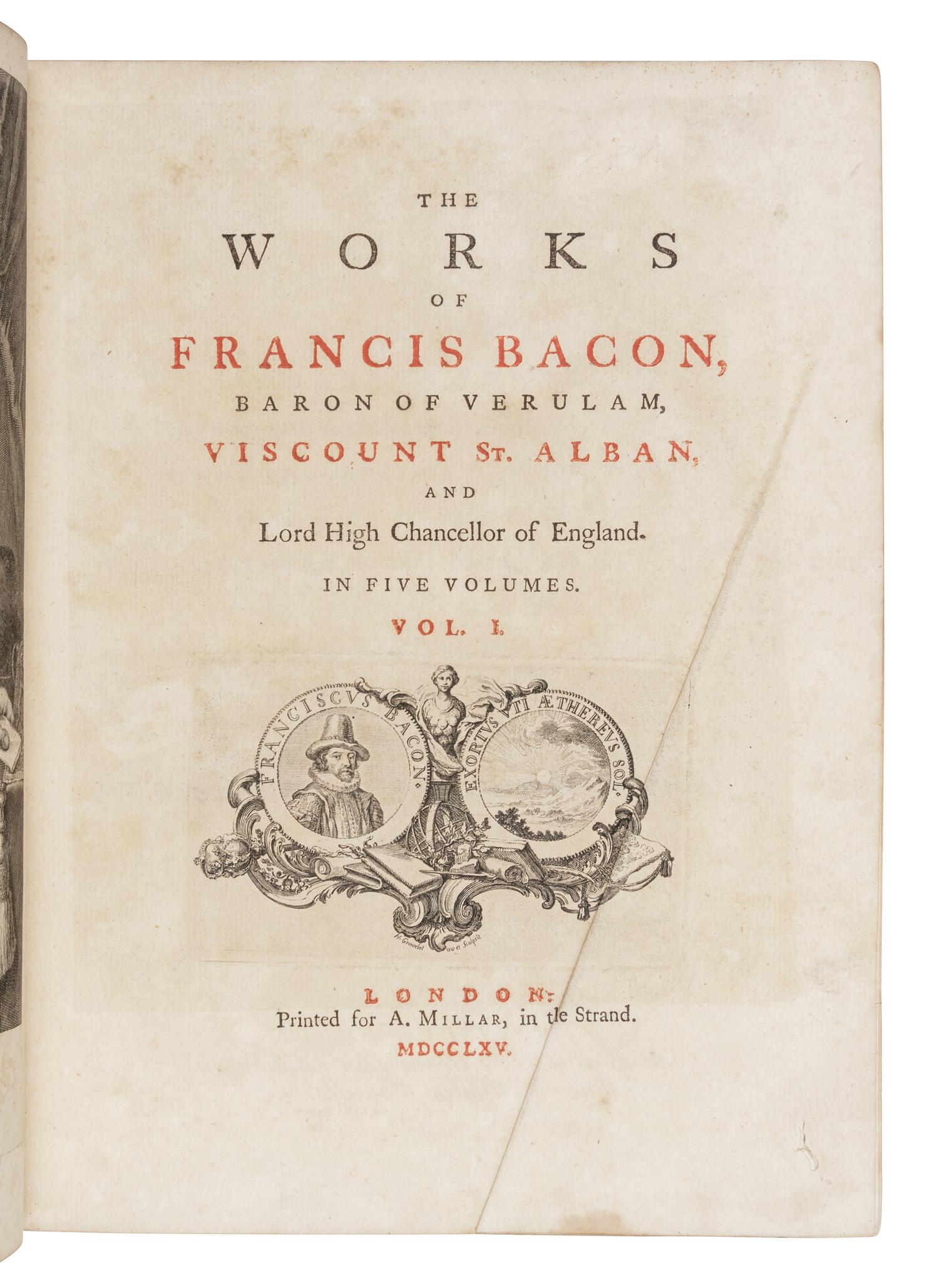 BACON, Sir Francis (1561-1626). The Works . London: A. Millar [vol. III: A. Millar and J. and R. Tonson], 1765.