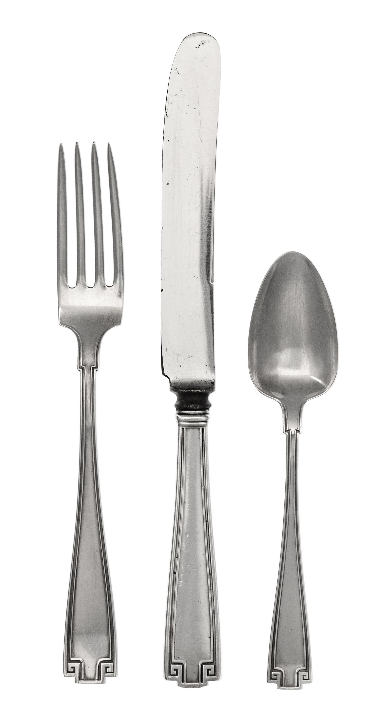 An American Silver Flatware Service, Gorham Mfg. Co., Providence, RI, Etruscan pattern, comprising: 11 dinner knives 11 dinner forks 12