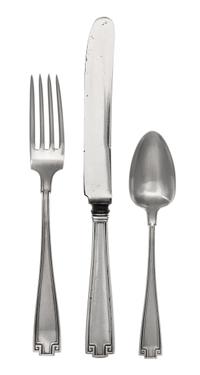 An American Silver Flatware Service, Gorham Mfg. Co., Providence, RI, Etruscan pattern, comprising: 11 dinner knives 11 dinner forks 12