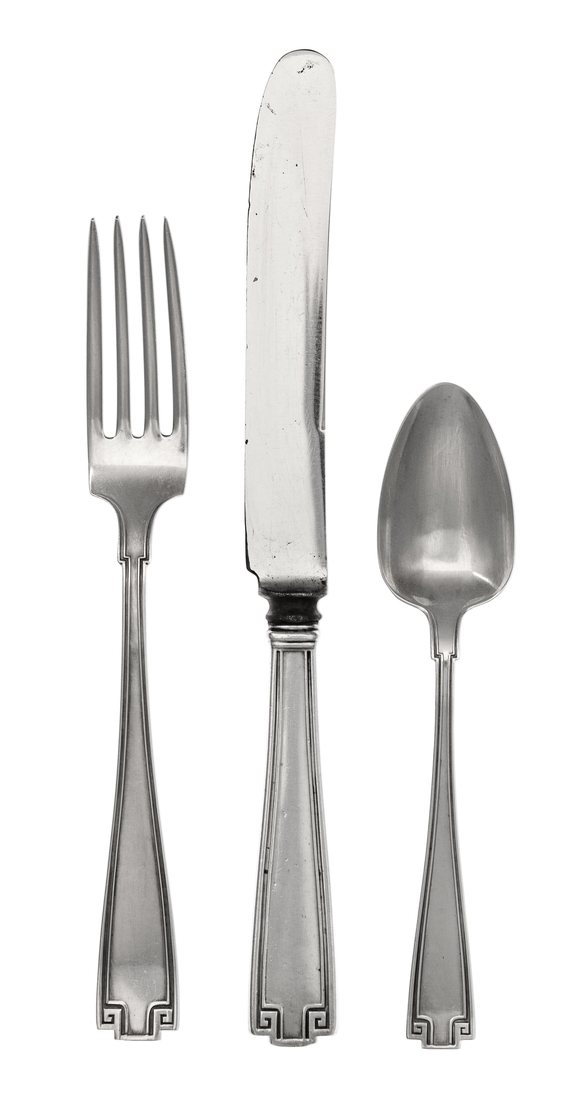An American Silver Flatware Service, Gorham Mfg. Co., Providence, RI, Etruscan pattern, comprising: 11 dinner knives 11 dinner forks 12