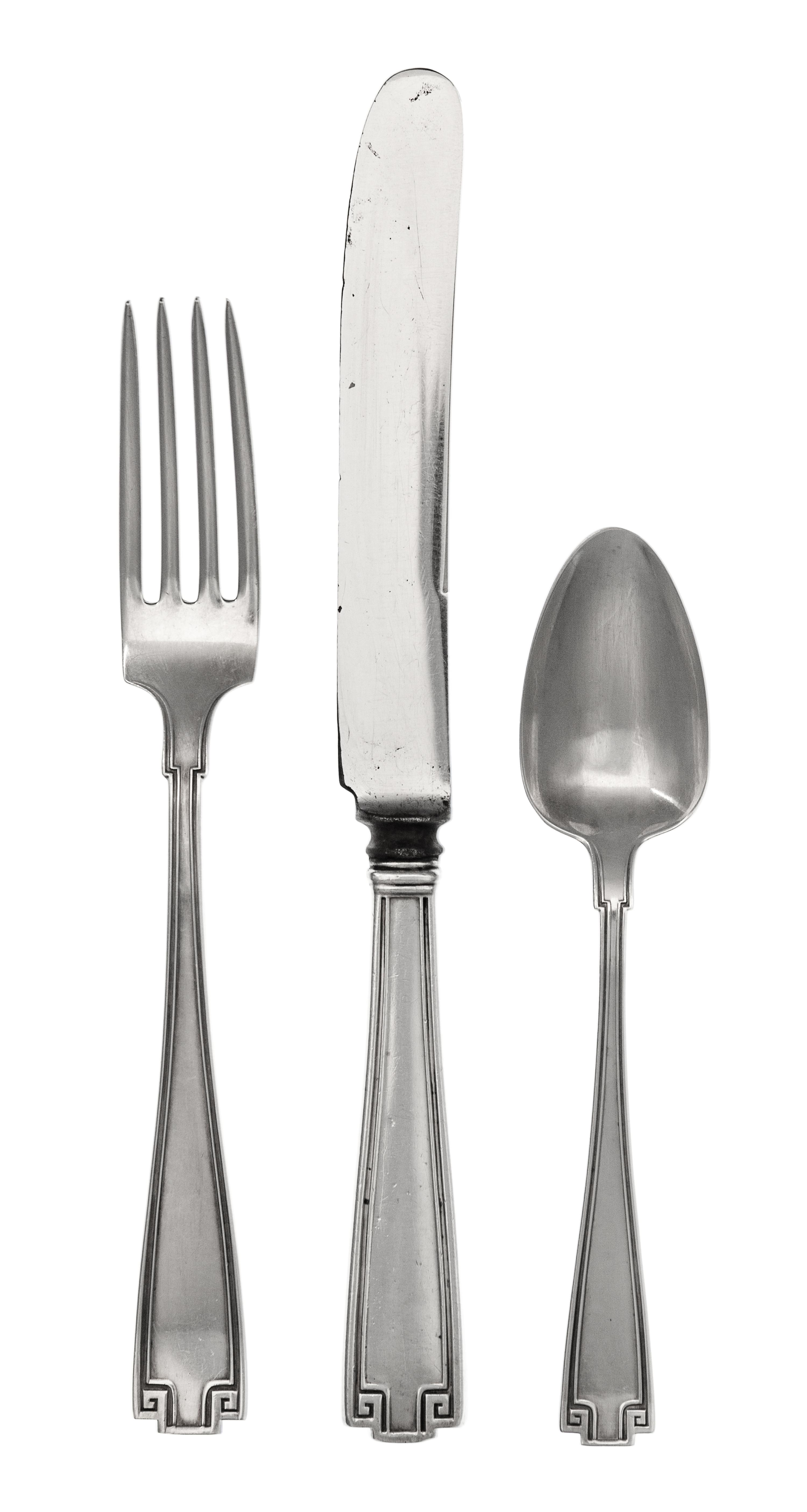 An American Silver Flatware Service, Gorham Mfg. Co., Providence, RI, Etruscan pattern, comprising: 11 dinner knives 11 dinner forks 12