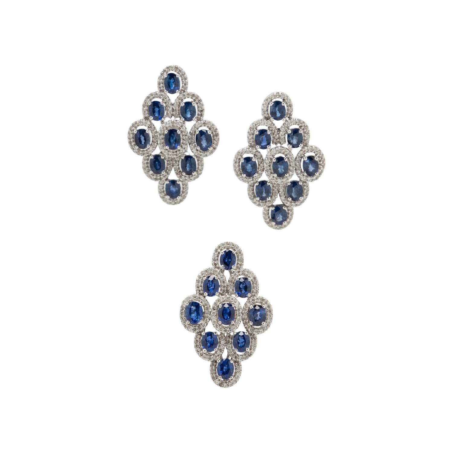 WHITE GOLD, SAPPHIRE, AND DIAMOND RING AND EARRINGS
