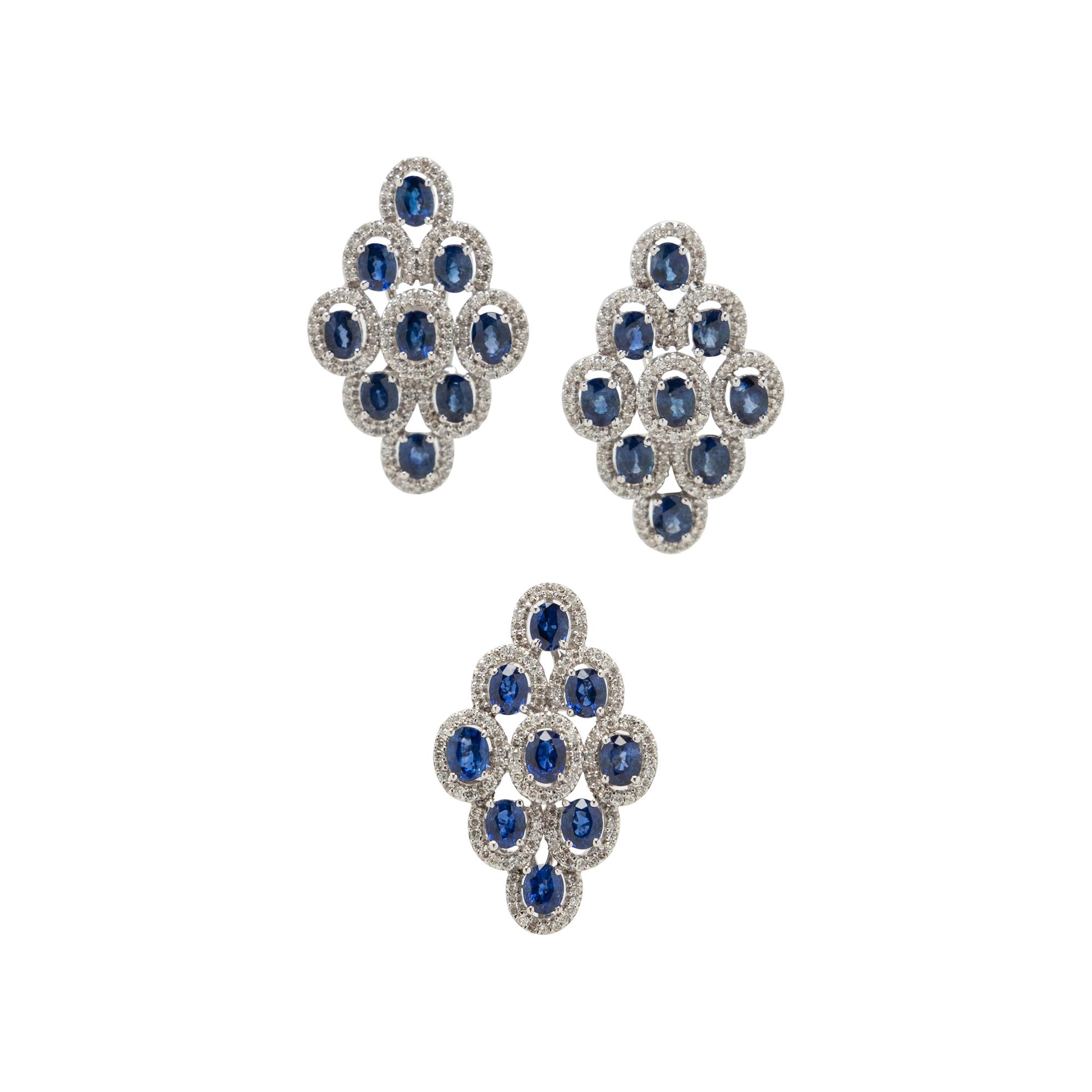 WHITE GOLD, SAPPHIRE, AND DIAMOND RING AND EARRINGS