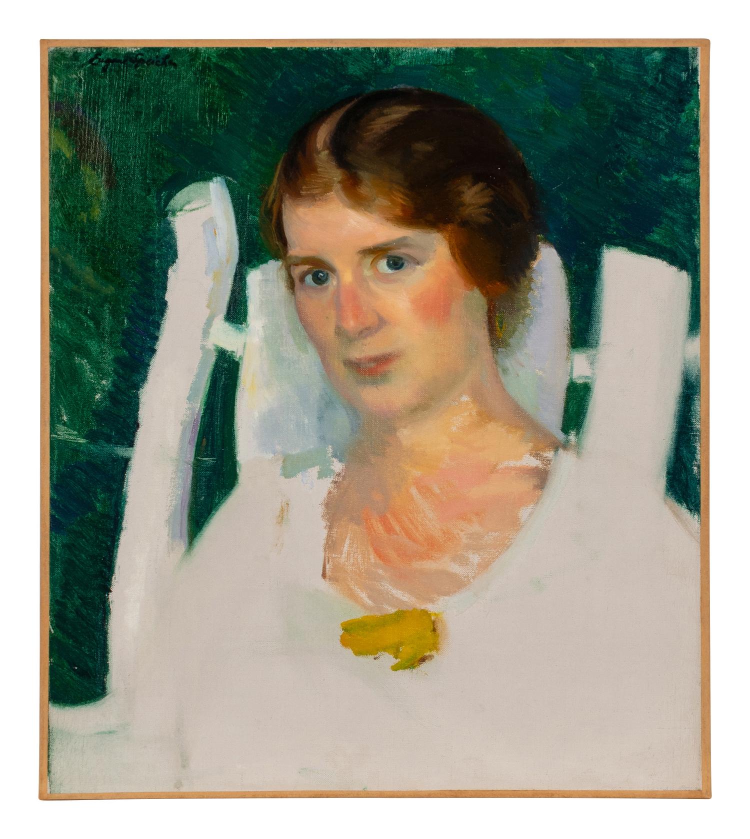 Untitled (woman against green background)
