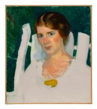 Untitled (woman against green background)