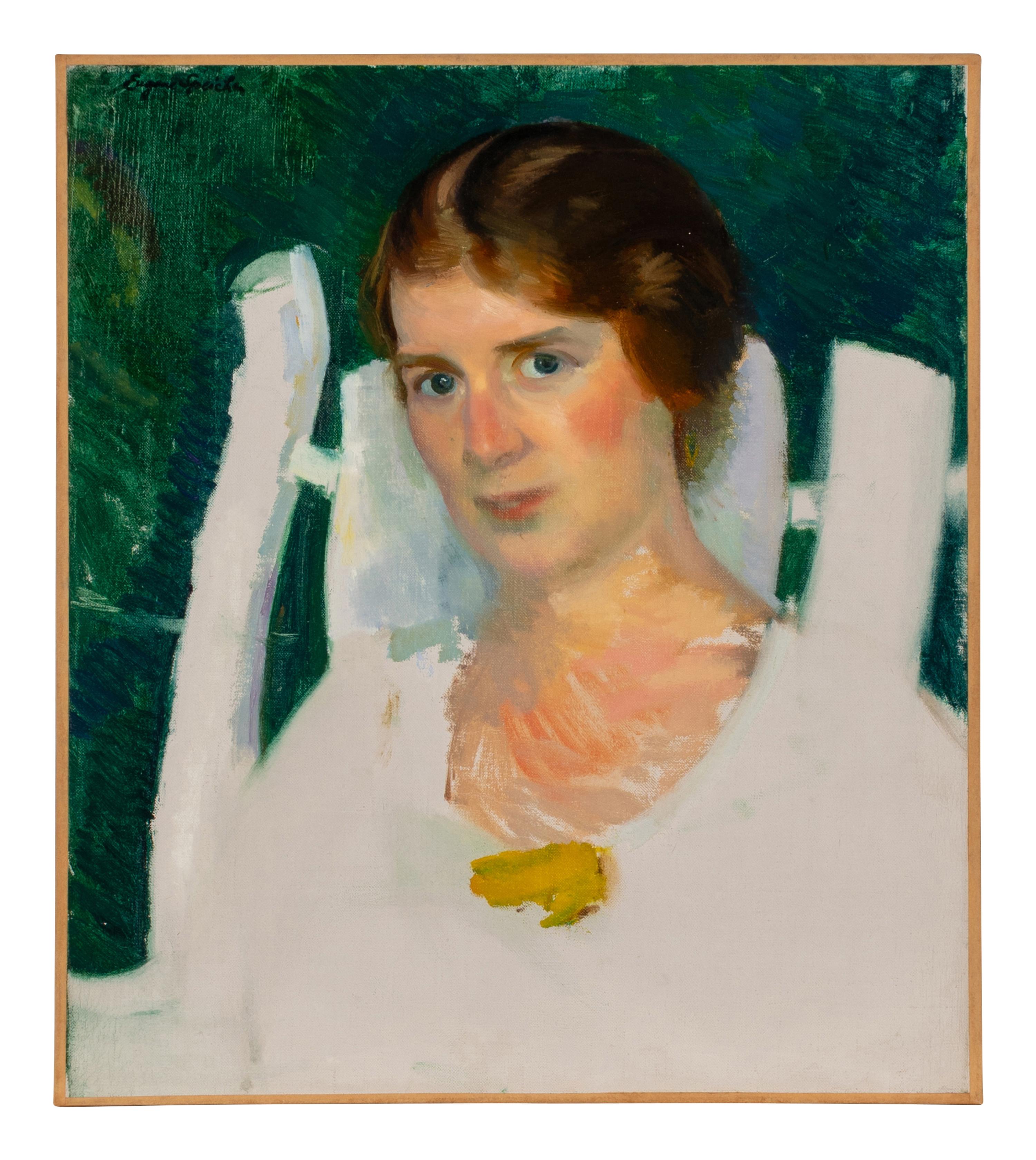 Untitled (woman against green background)
