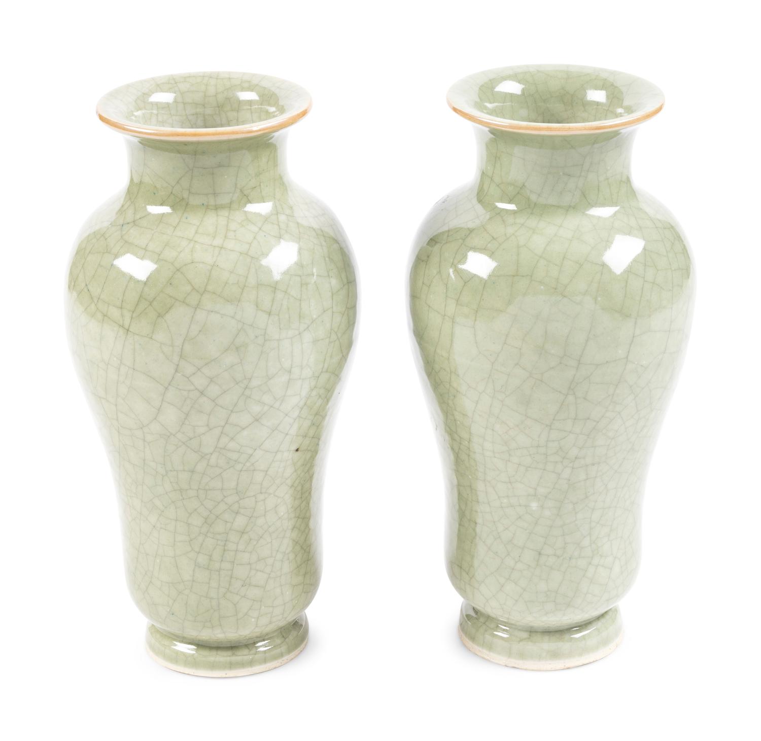 A Pair of Chinese Pale Celadon Crackle Glazed Porcelain Vases