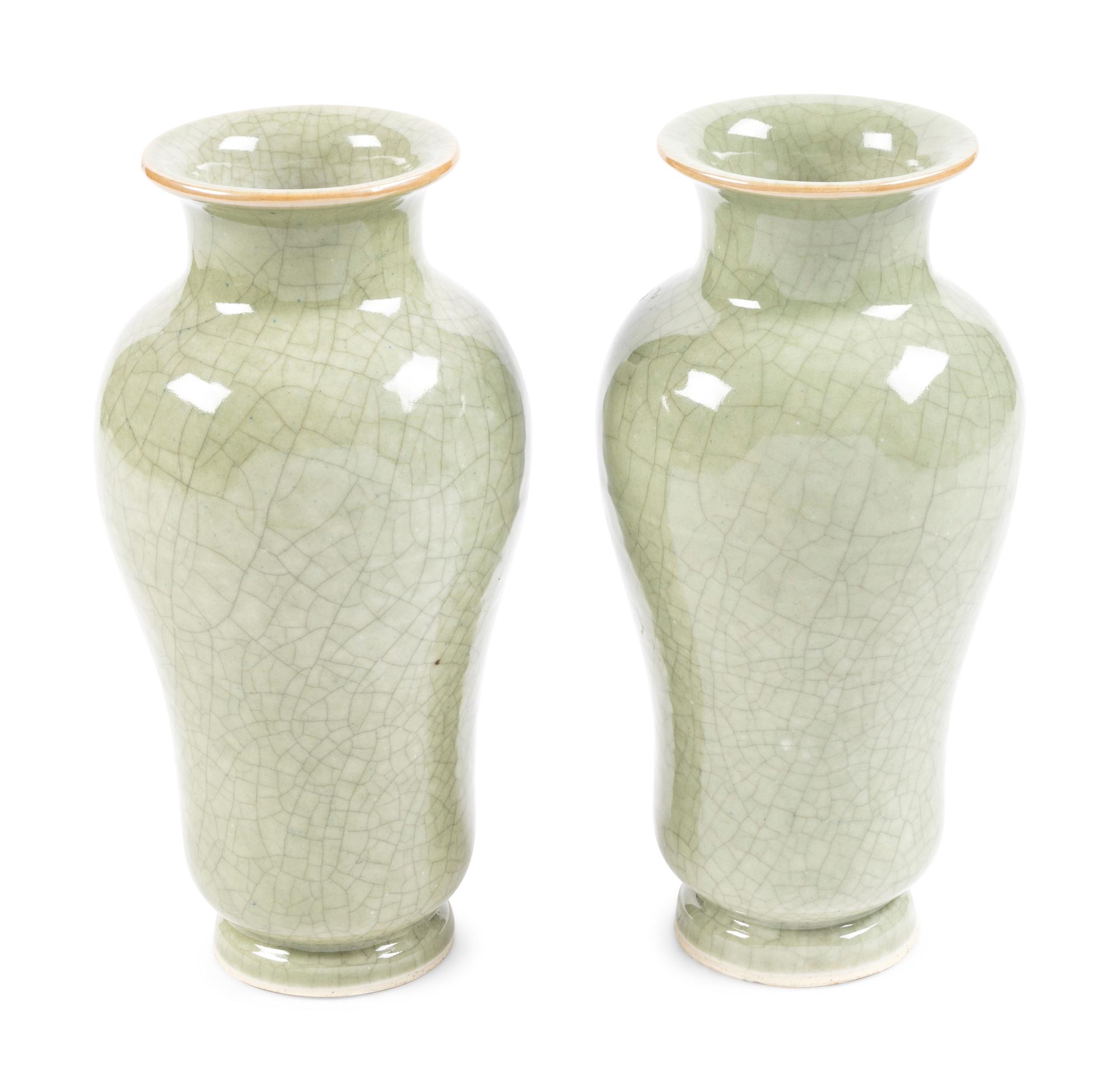 A Pair of Chinese Pale Celadon Crackle Glazed Porcelain Vases