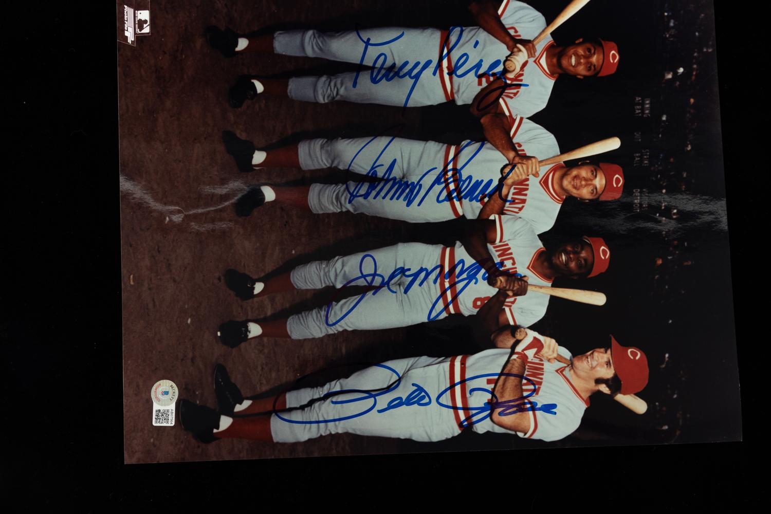 A Tony Perez, Johnny Bench, Joe Morgan and Pete Rose Cincinnati Reds Big Red Machine Signed Autograph Photo (Beckett Authentication Services BAS Certified),