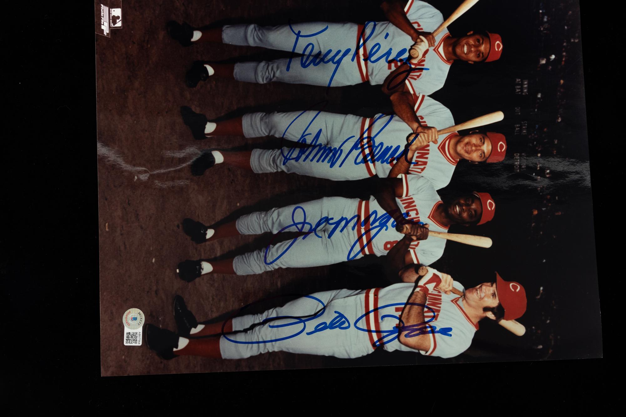 A Tony Perez, Johnny Bench, Joe Morgan and Pete Rose Cincinnati Reds Big Red Machine Signed Autograph Photo (Beckett Authentication Services BAS Certified),