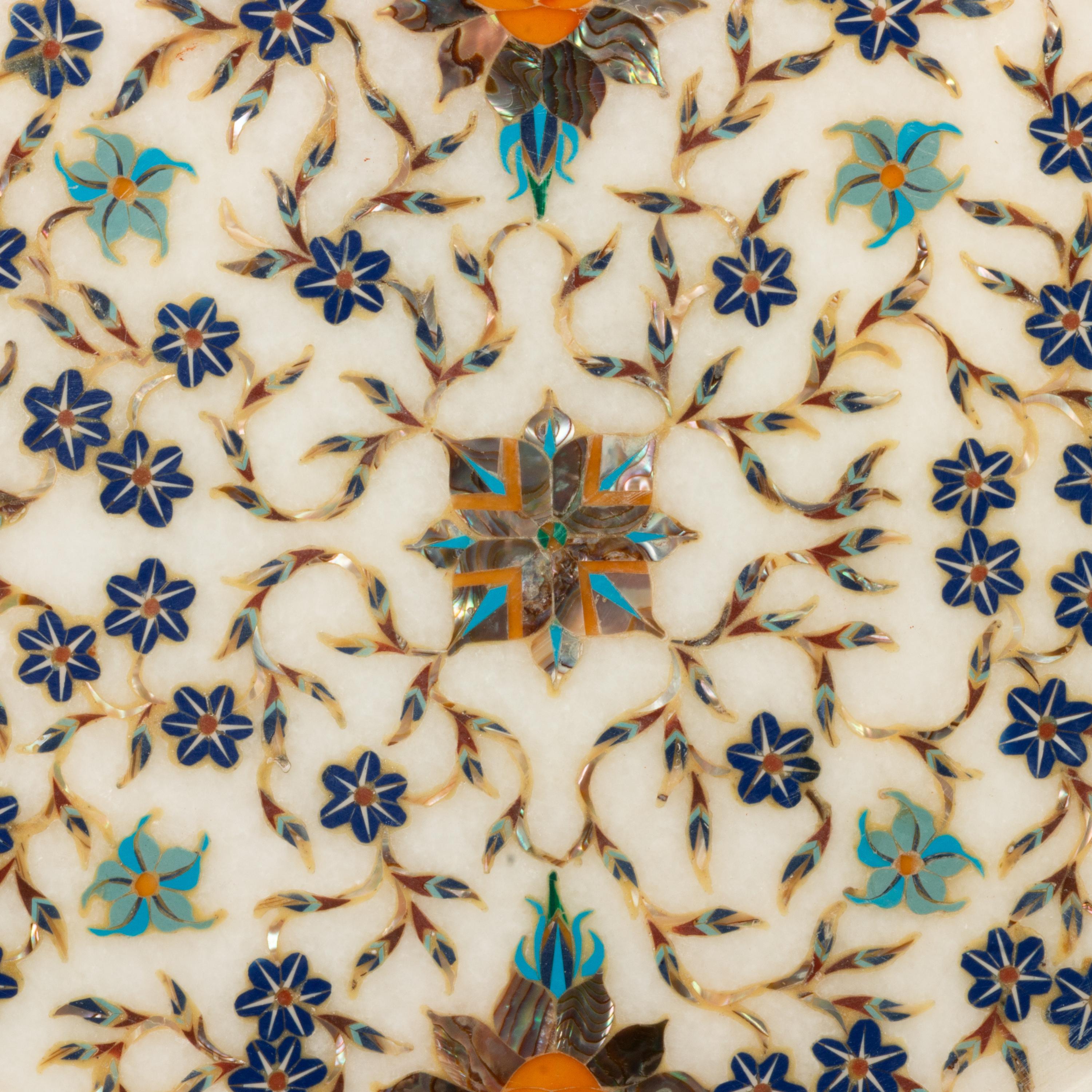 An Indian Carved Marble and Semiprecious Stone Inlaid Tray