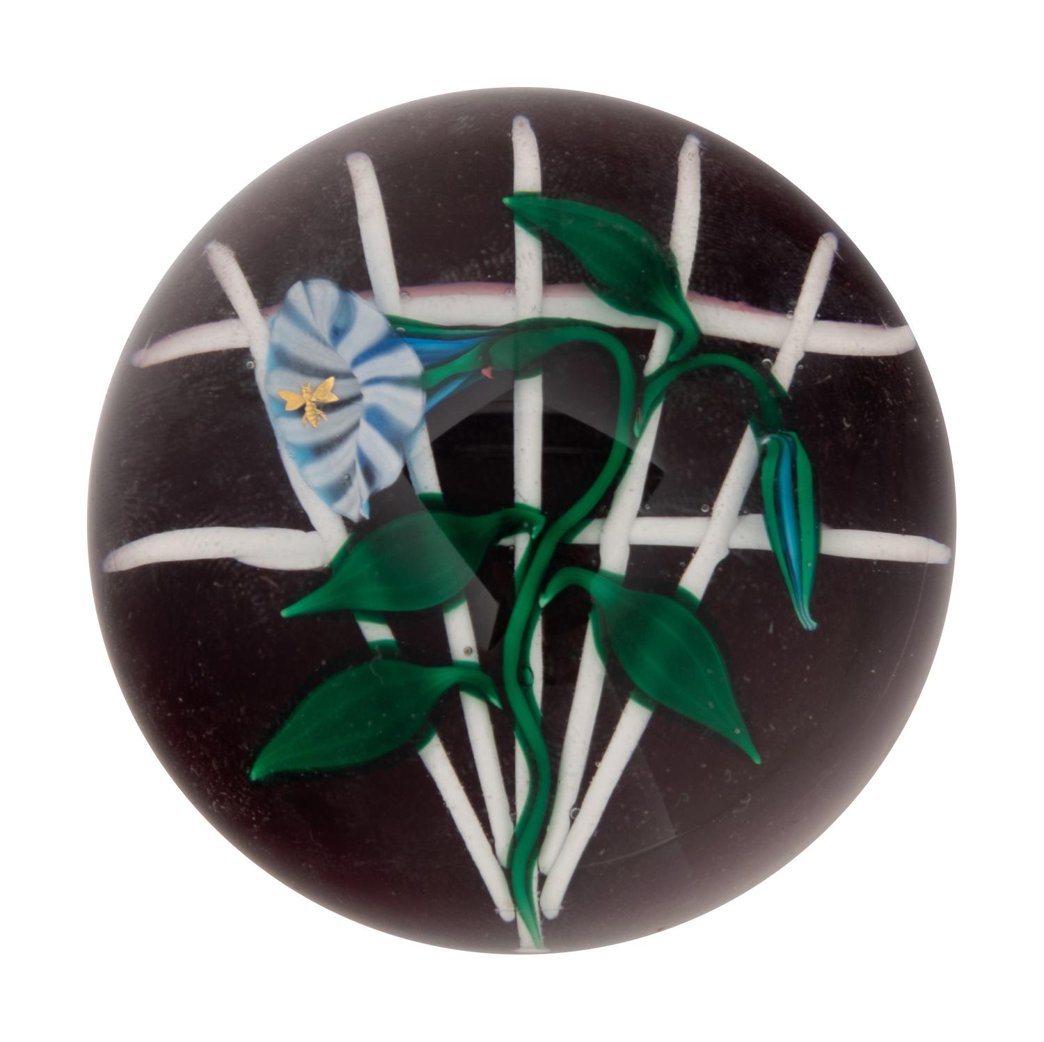 A Charles Kaziun Jr. Convolvulus on White Fan Trellis Glass Paperweight