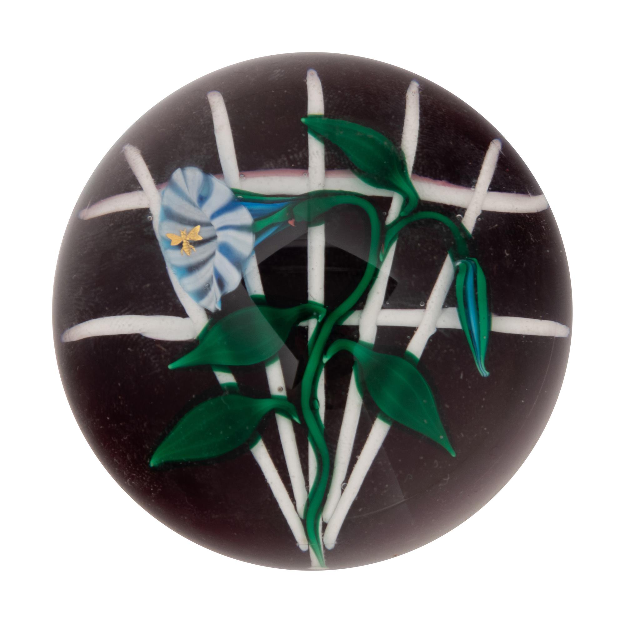 A Charles Kaziun Jr. Convolvulus on White Fan Trellis Glass Paperweight