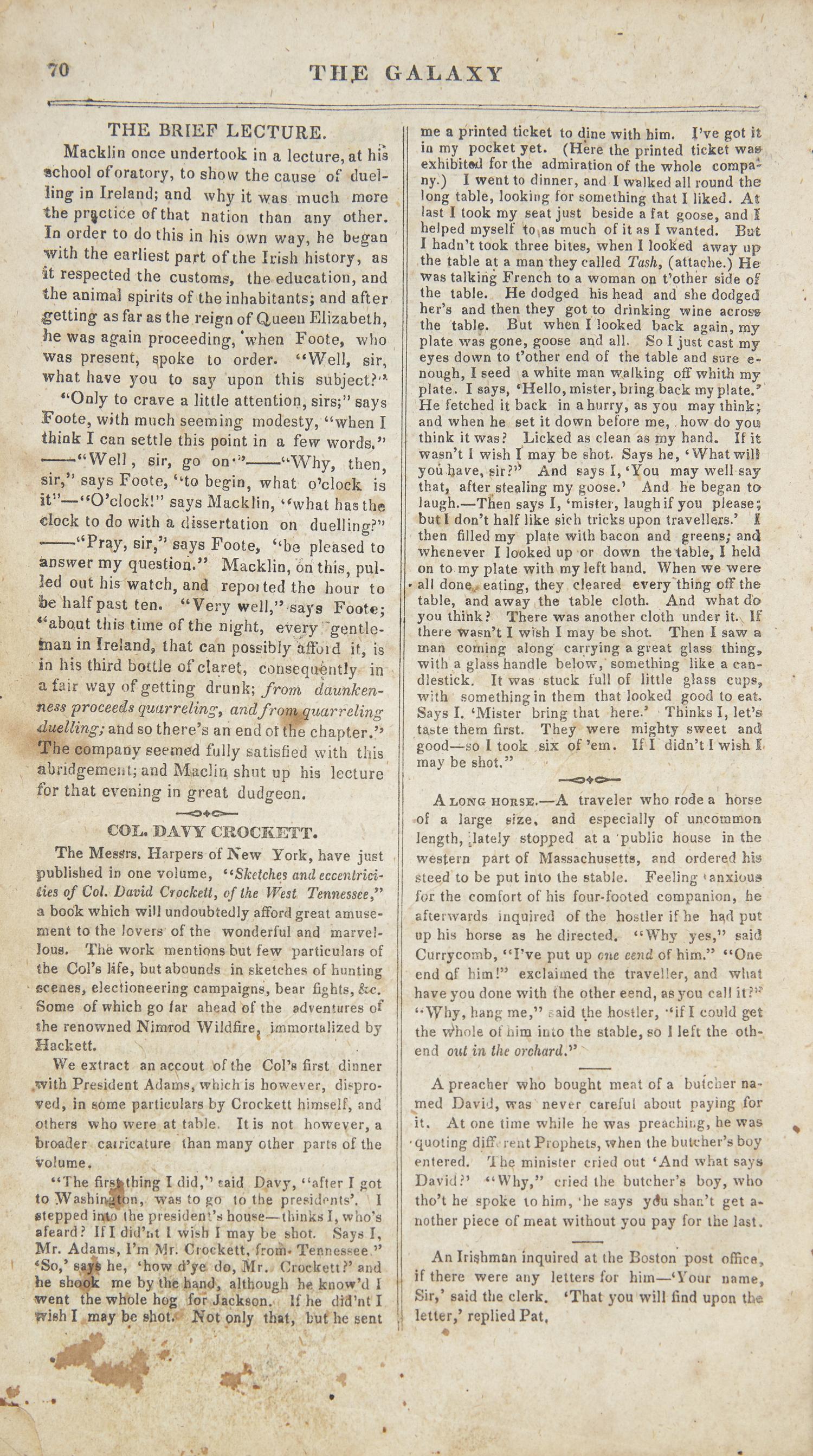 [Crockett, Davy] The First American Comic Book: Group of 2 Items Related to Davy Crockett, Including Likely the First Mention of Him in an American Magazine