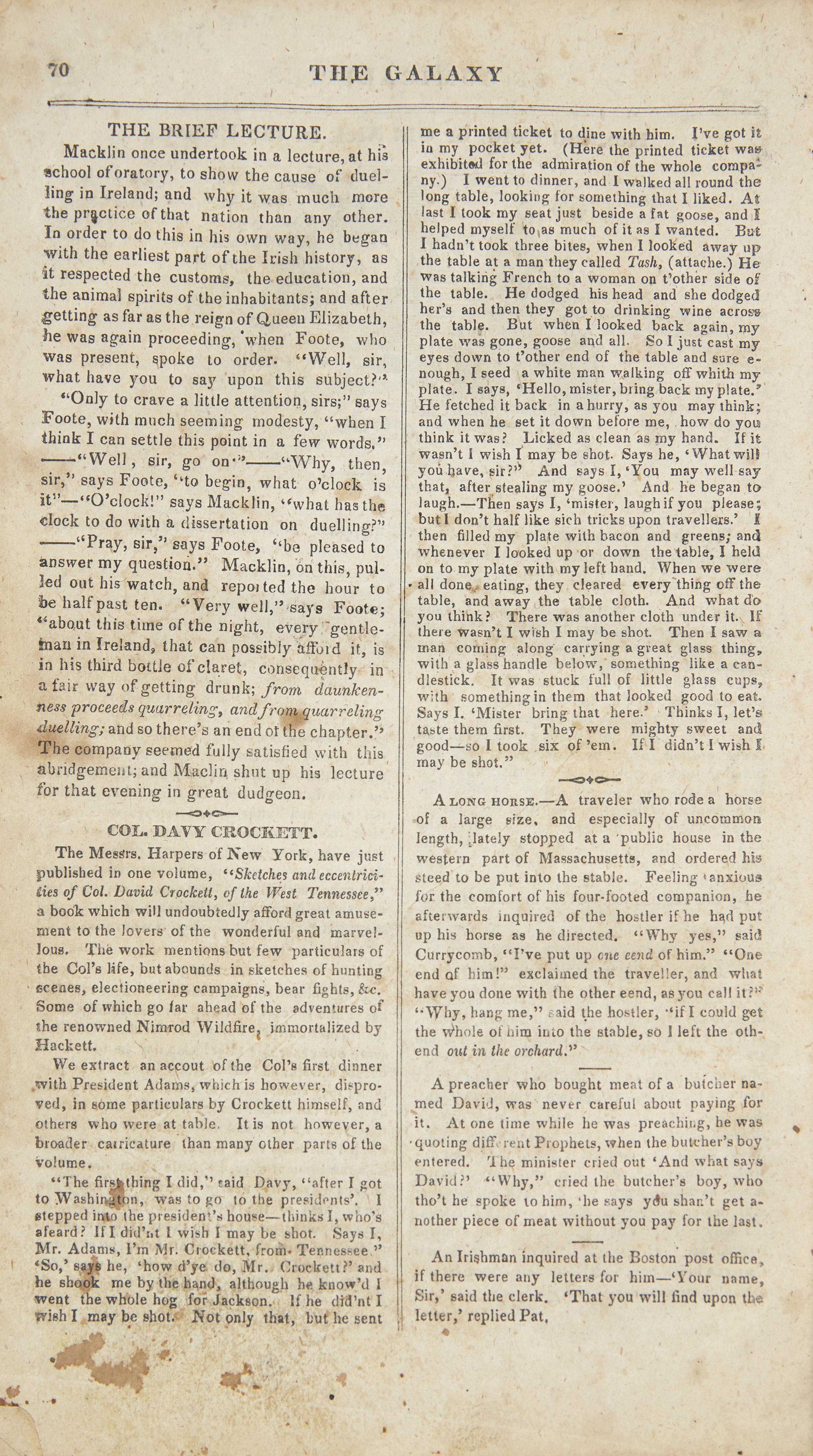 [Crockett, Davy] The First American Comic Book: Group of 2 Items Related to Davy Crockett, Including Likely the First Mention of Him in an American Magazine