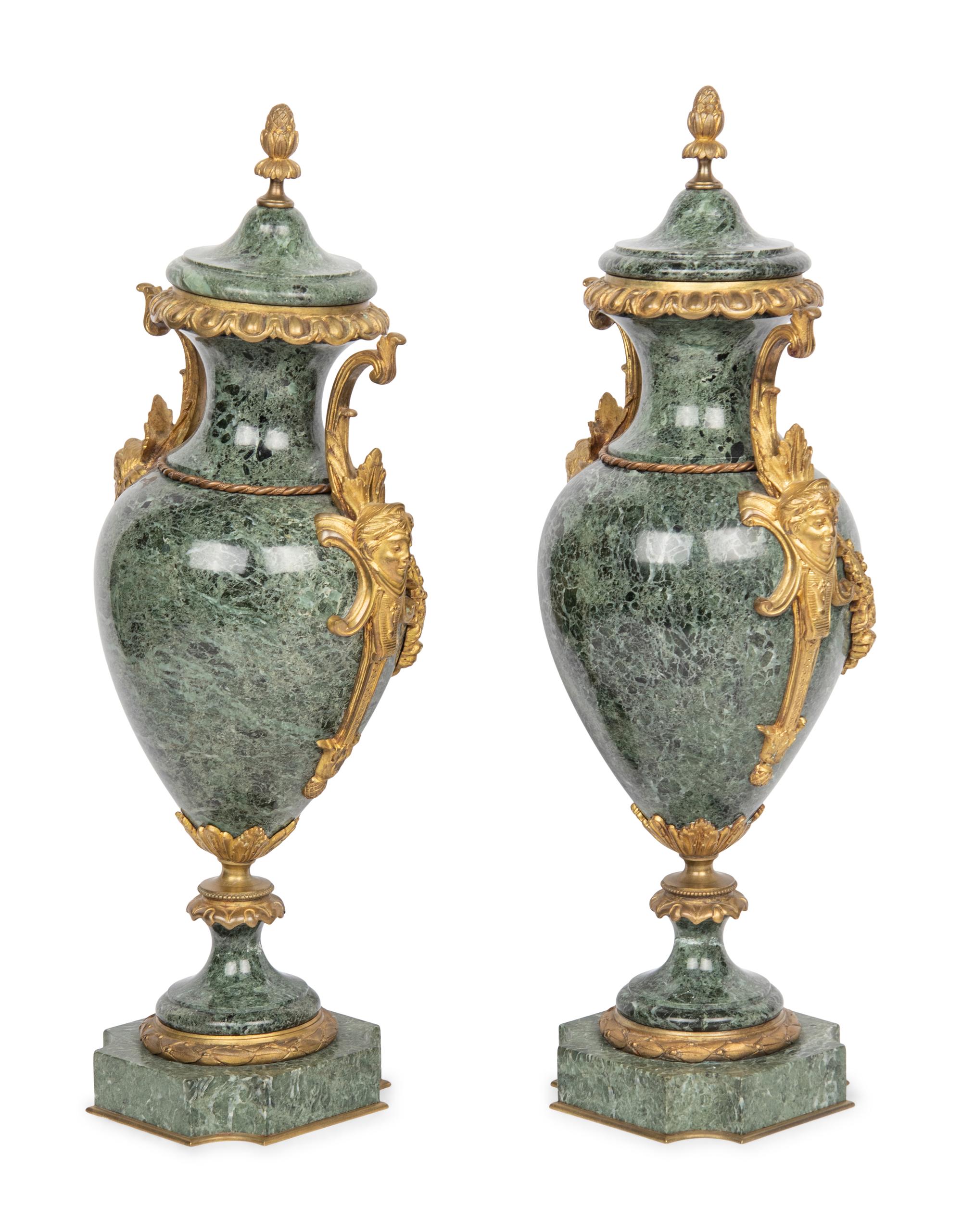 A Pair of French Gilt Bronze Mounted Marble Urns