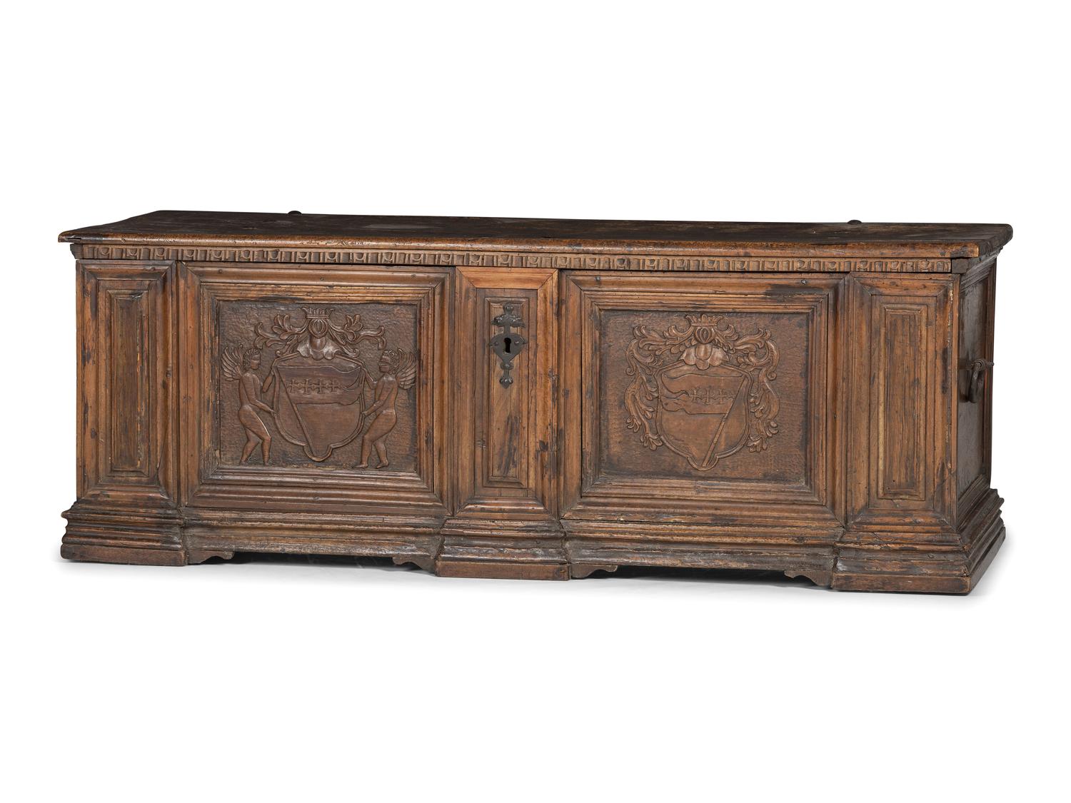 An Italian Wrought-Iron Mounted Carved Walnut Cassone