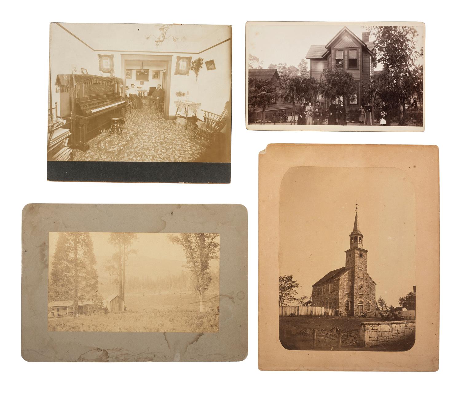 [EARLY PHOTOGRAPHY]. A collection of photographs featuring various building exteriors and interiors.