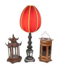 Two Asian Lanterns and a Metal Lamp Base with Cocoon Shade — 20TH CENTURY