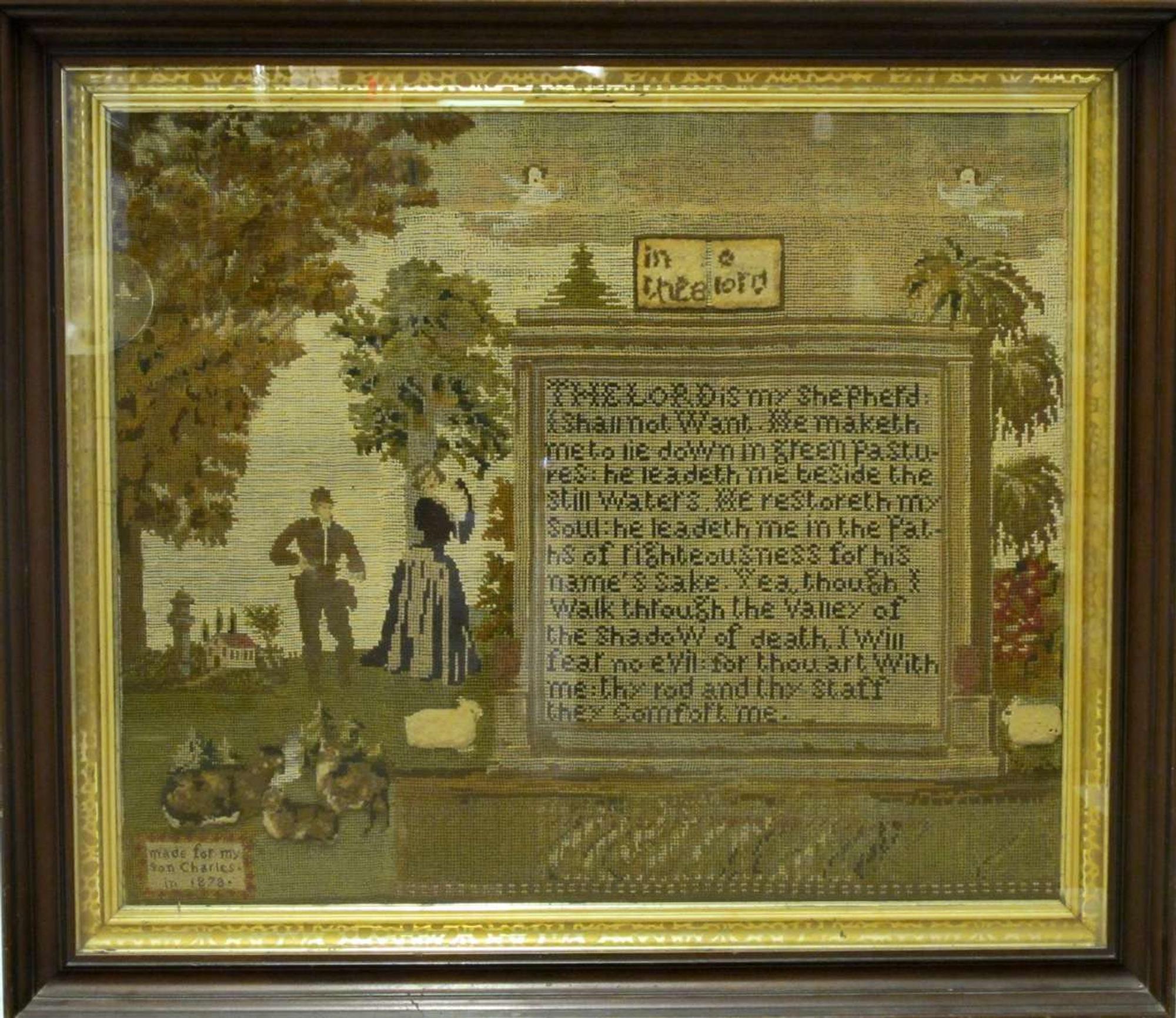 Large needle and turkey-worked picture dated 1878