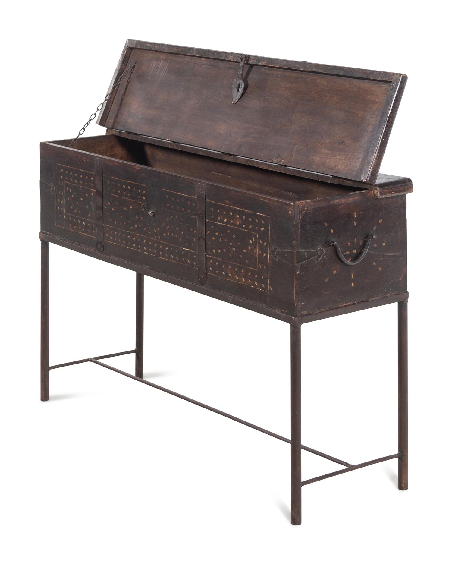 A Syrian Iron Mounted and Bone Inlaid Trunk on a Later Stand