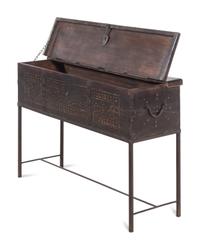 A Syrian Iron Mounted and Bone Inlaid Trunk on a Later Stand