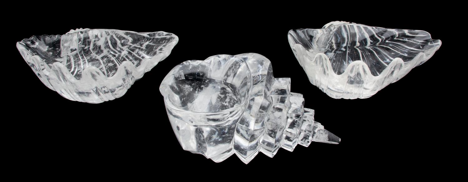 Three Robert Kuo Rock Crystal Shell-Form Bowls Length of largest 10 inches. — 20TH CENTURY