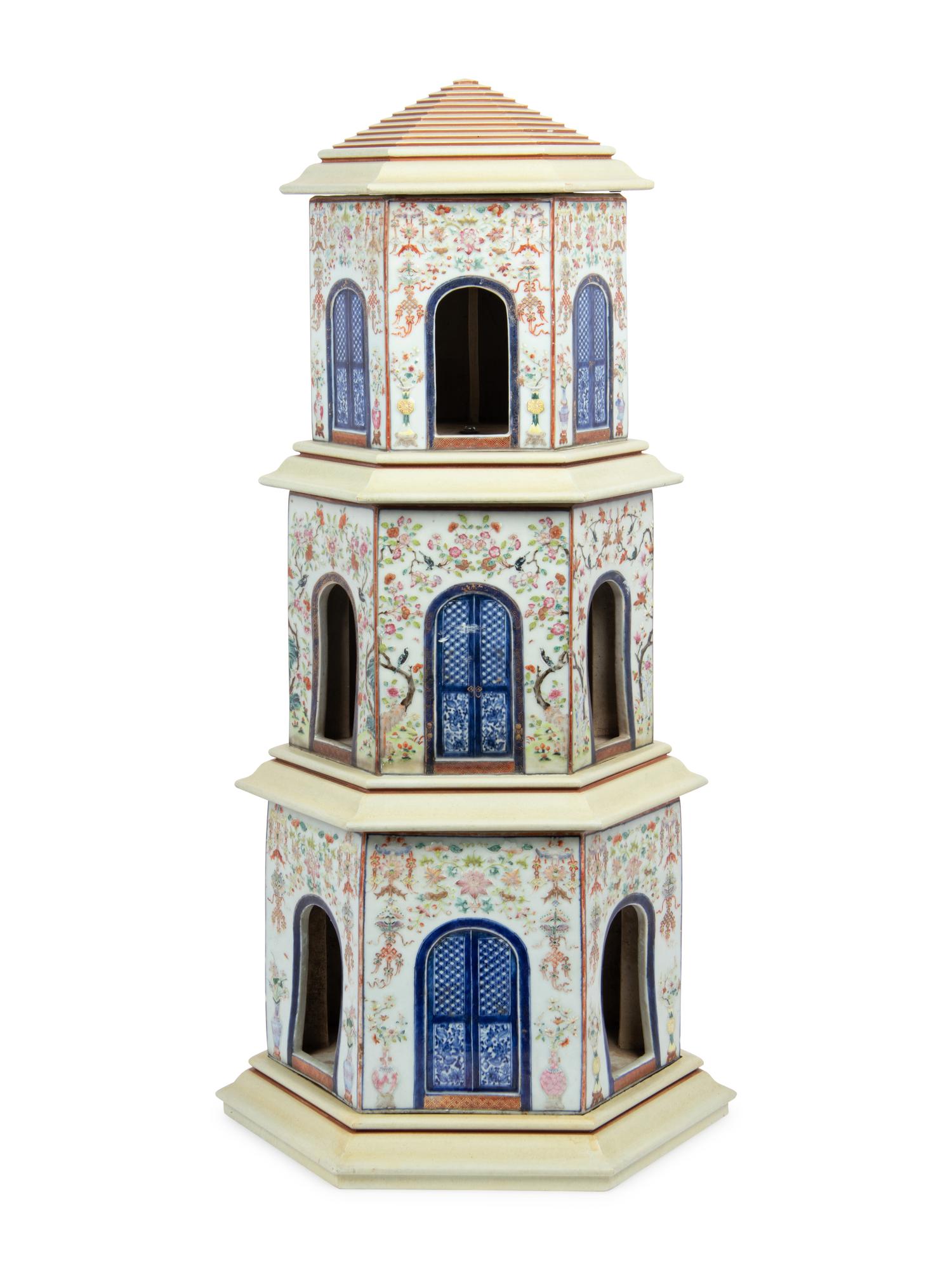 A Famille Rose Porcelain Three-Tier Pagoda