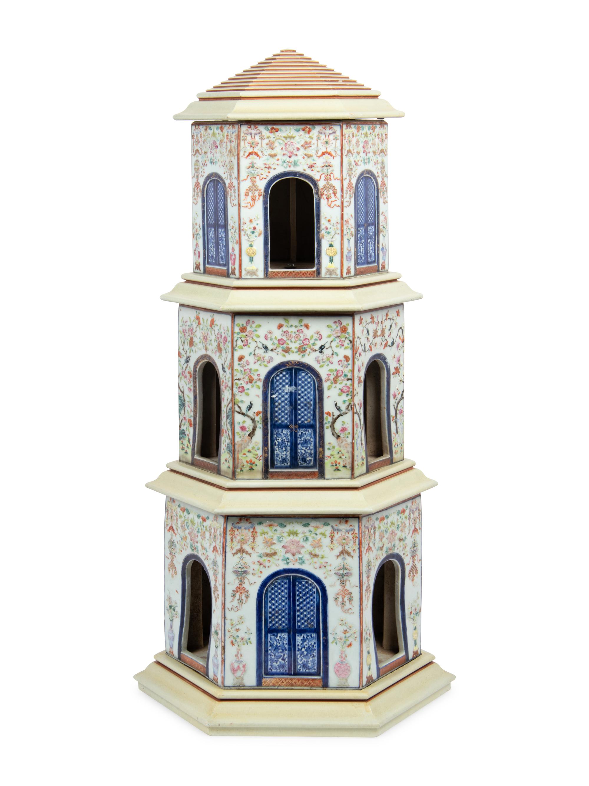 A Famille Rose Porcelain Three-Tier Pagoda