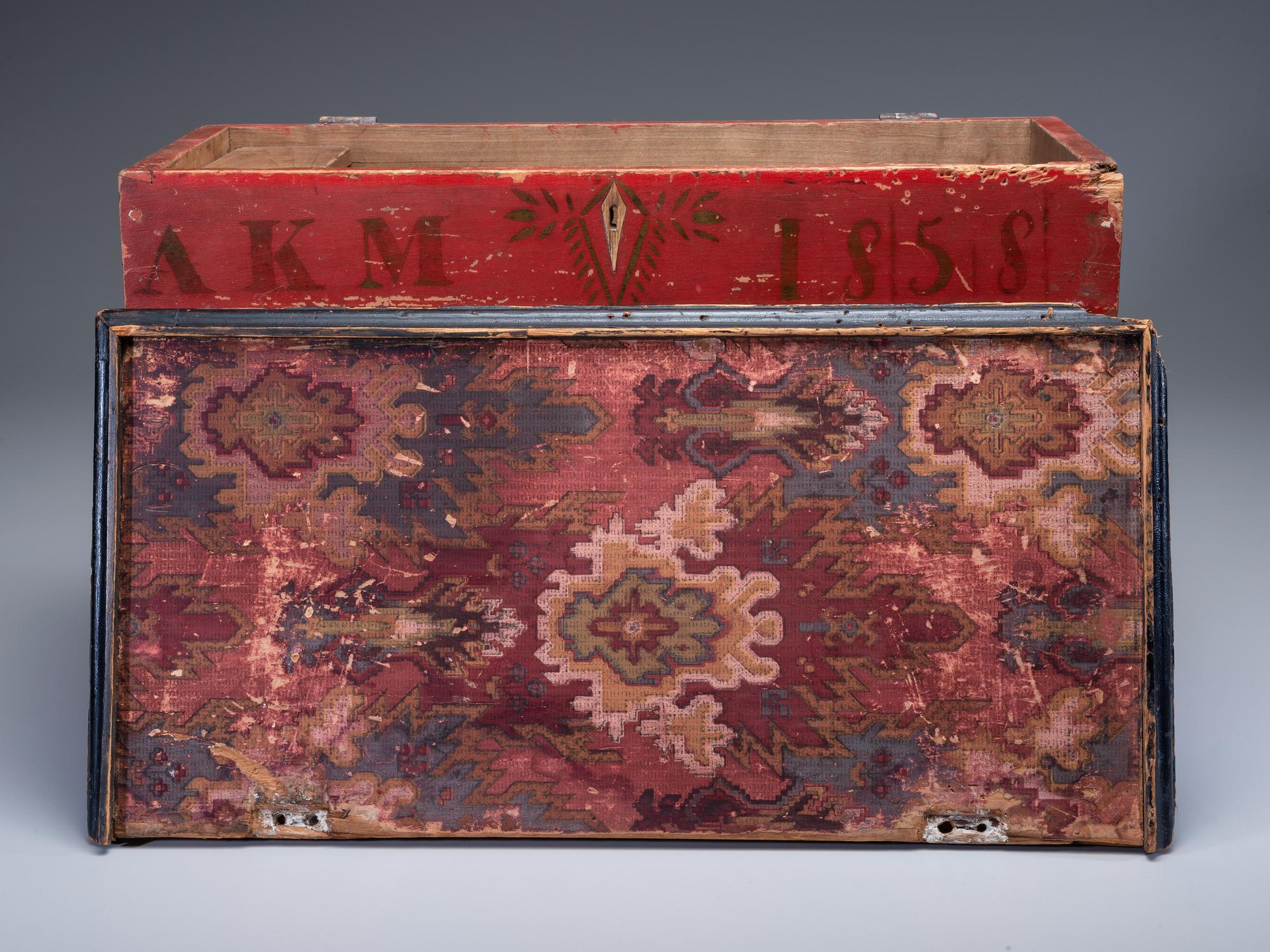 A Soap Hollow Red-Black and Gilt, Stencil-Decorated Poplar and Pine Miniature Blanket Chest