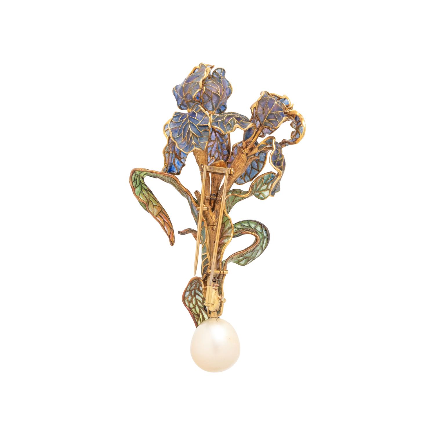 EVELYN CLOTHIER, AN ELEGANT PLIQUE-À-JOUR ENAMEL, DIAMOND AND CULTURED SOUTH SEA PEARL IRIS BROOCH