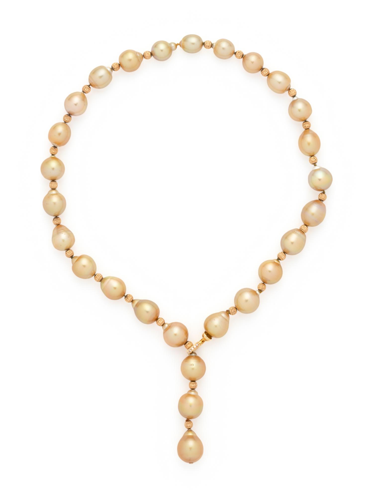 CULTURED GOLDEN PEARL, YELLOW GOLD AND DIAMOND LARIAT NECKLACE