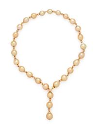 CULTURED GOLDEN PEARL, YELLOW GOLD AND DIAMOND LARIAT NECKLACE
