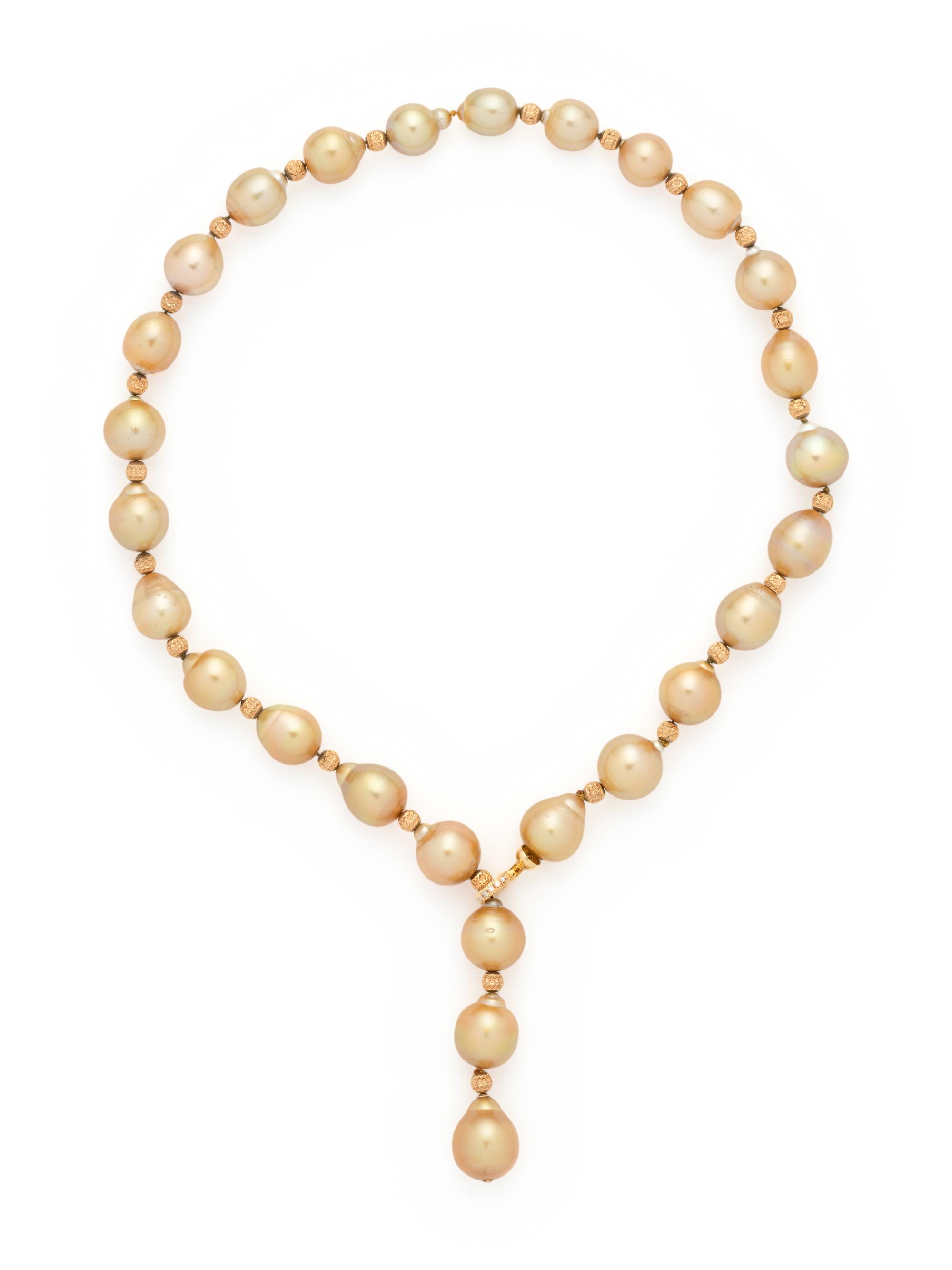 CULTURED GOLDEN PEARL, YELLOW GOLD AND DIAMOND LARIAT NECKLACE