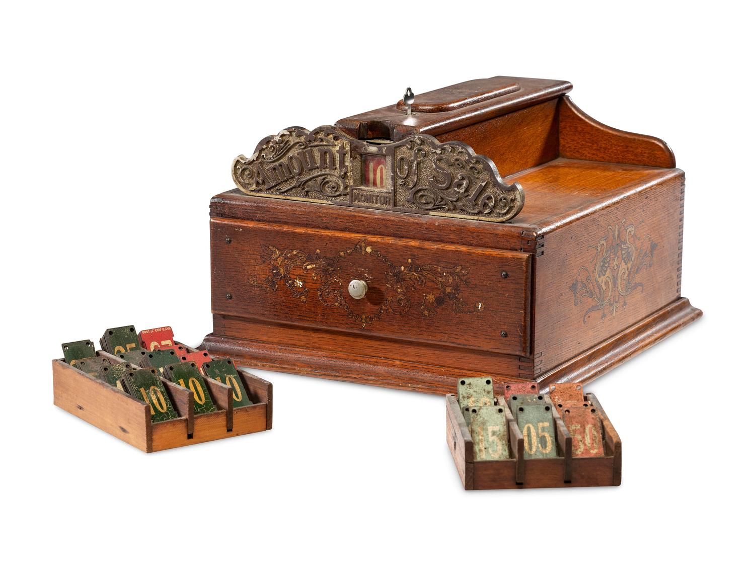 A Monitor Paint Decorated Oak and Cast Iron Coin-Operated Barbershop Cash Register