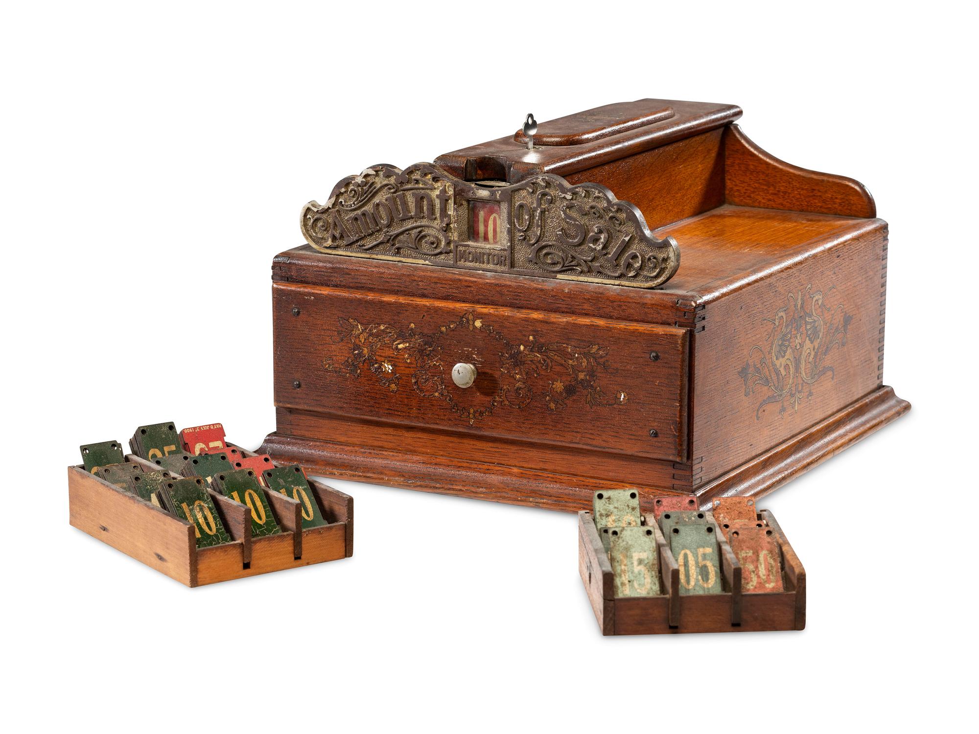 A Monitor Paint Decorated Oak and Cast Iron Coin-Operated Barbershop Cash Register