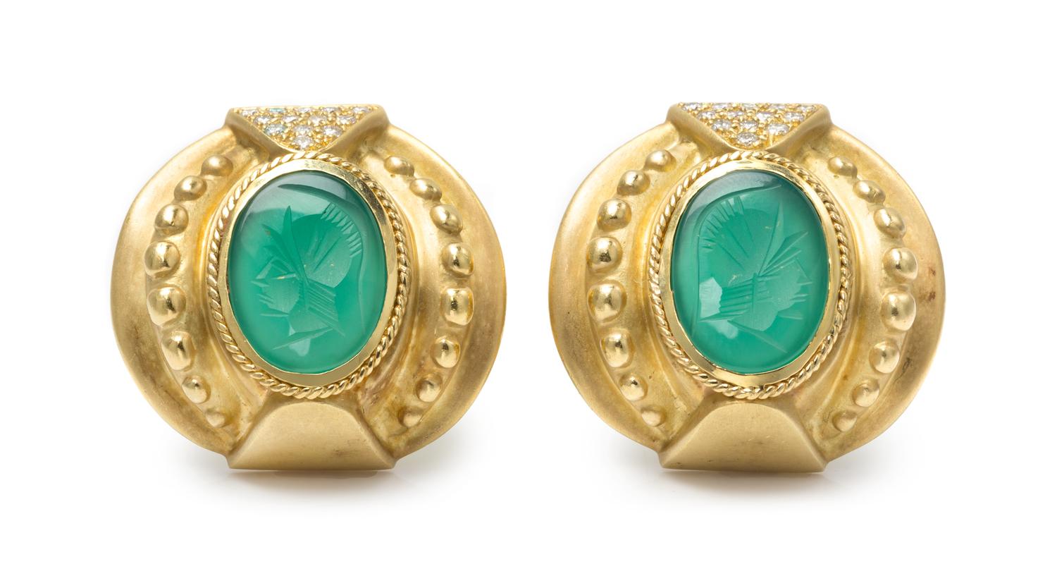 A Pair of 18 Karat Yellow Gold, Diamond and Glass Intaglio Earclips, 27.20 dwts.