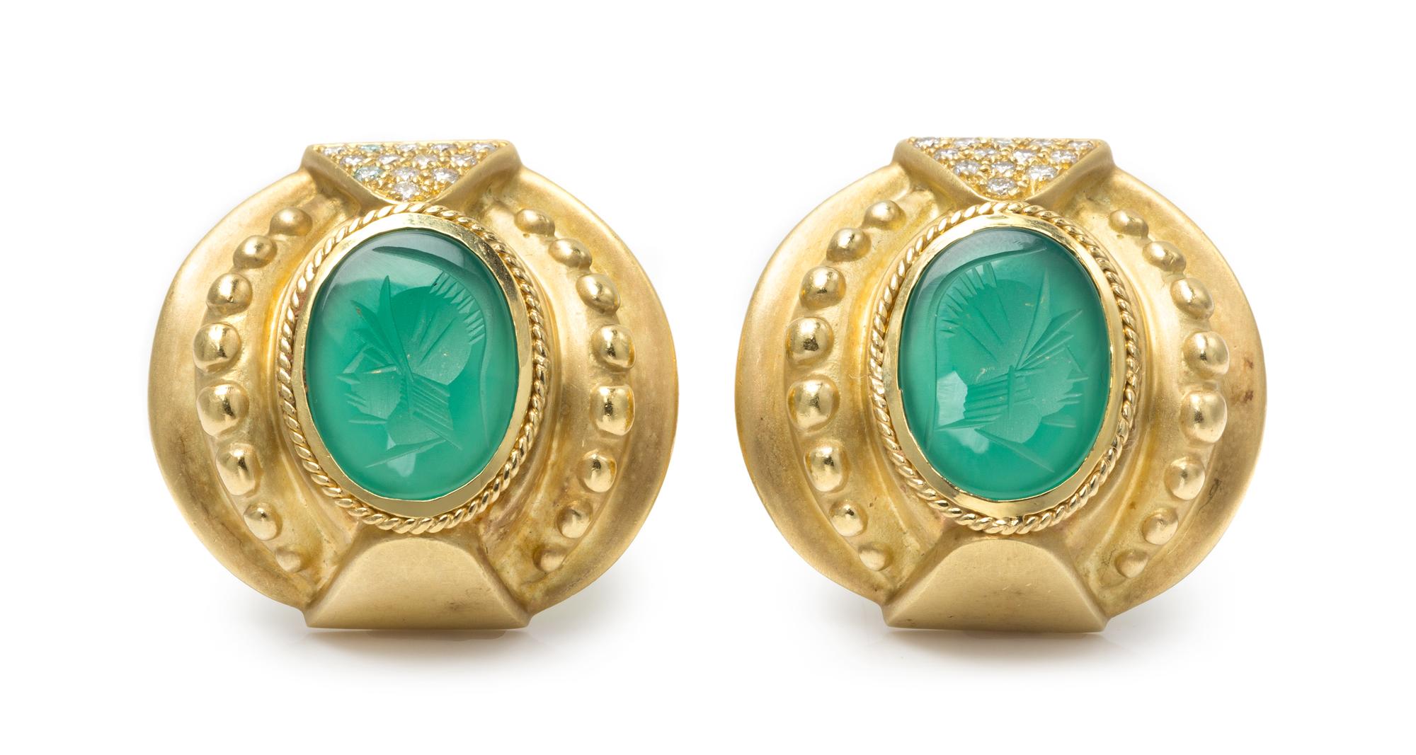 A Pair of 18 Karat Yellow Gold, Diamond and Glass Intaglio Earclips, 27.20 dwts.