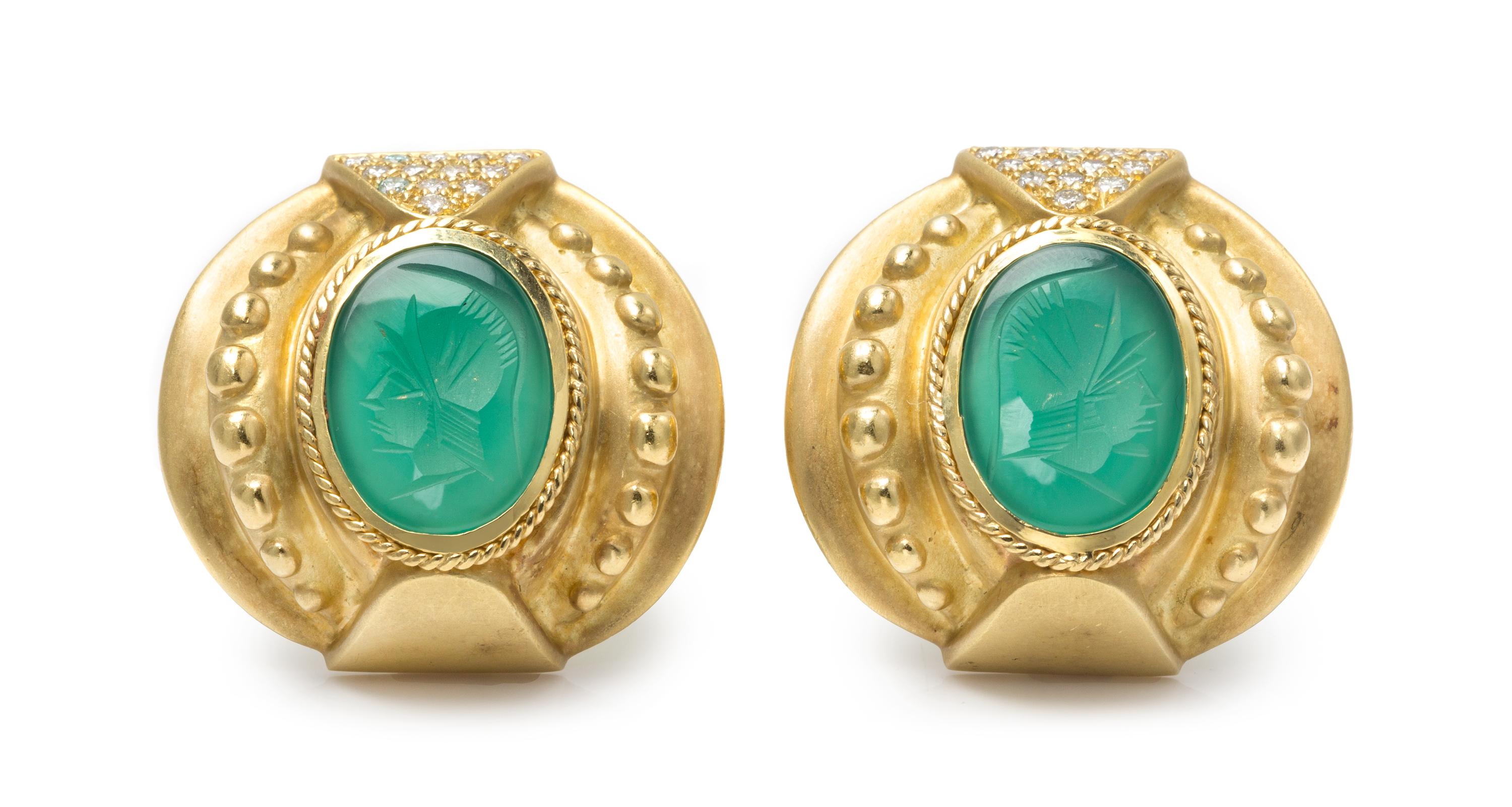 A Pair of 18 Karat Yellow Gold, Diamond and Glass Intaglio Earclips, 27.20 dwts.