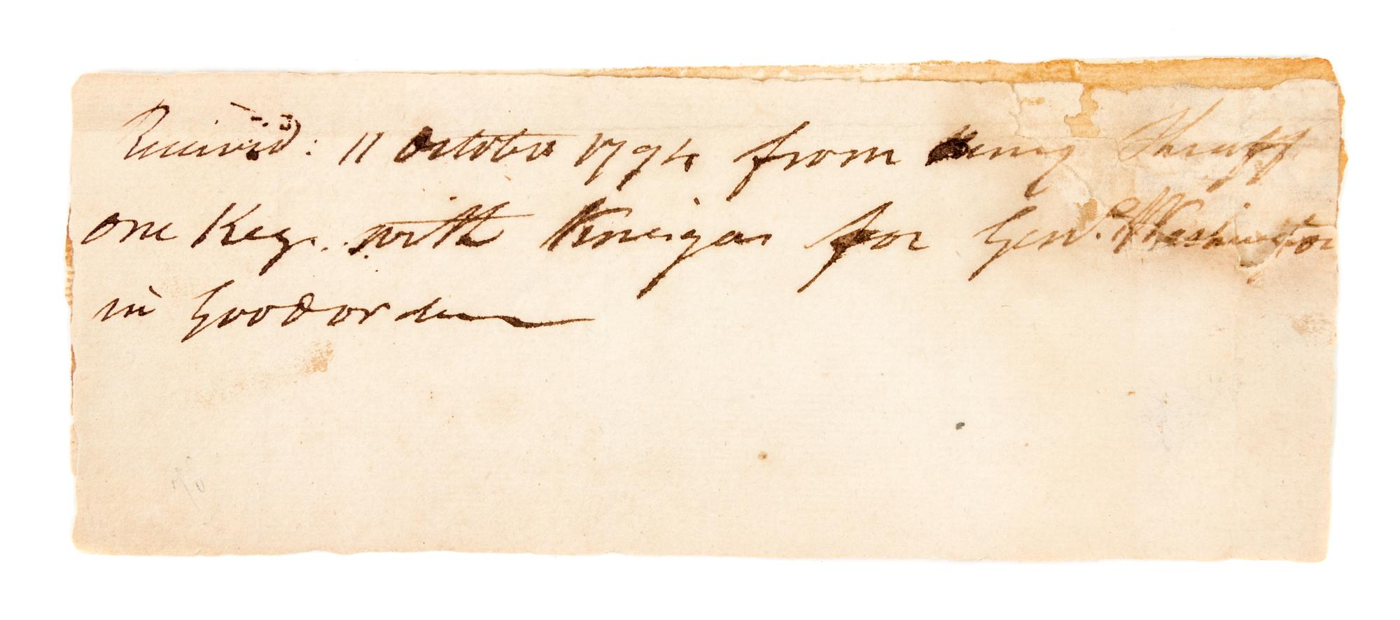 (WASHINGTON, GEORGE) Manuscript recieipt, October 11, 1794, including a keg of vinegar for "General Washington."