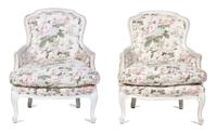 A Pair of Louis XV Style White-Painted Bergeres Height 34 inches. — 20TH CENTURY