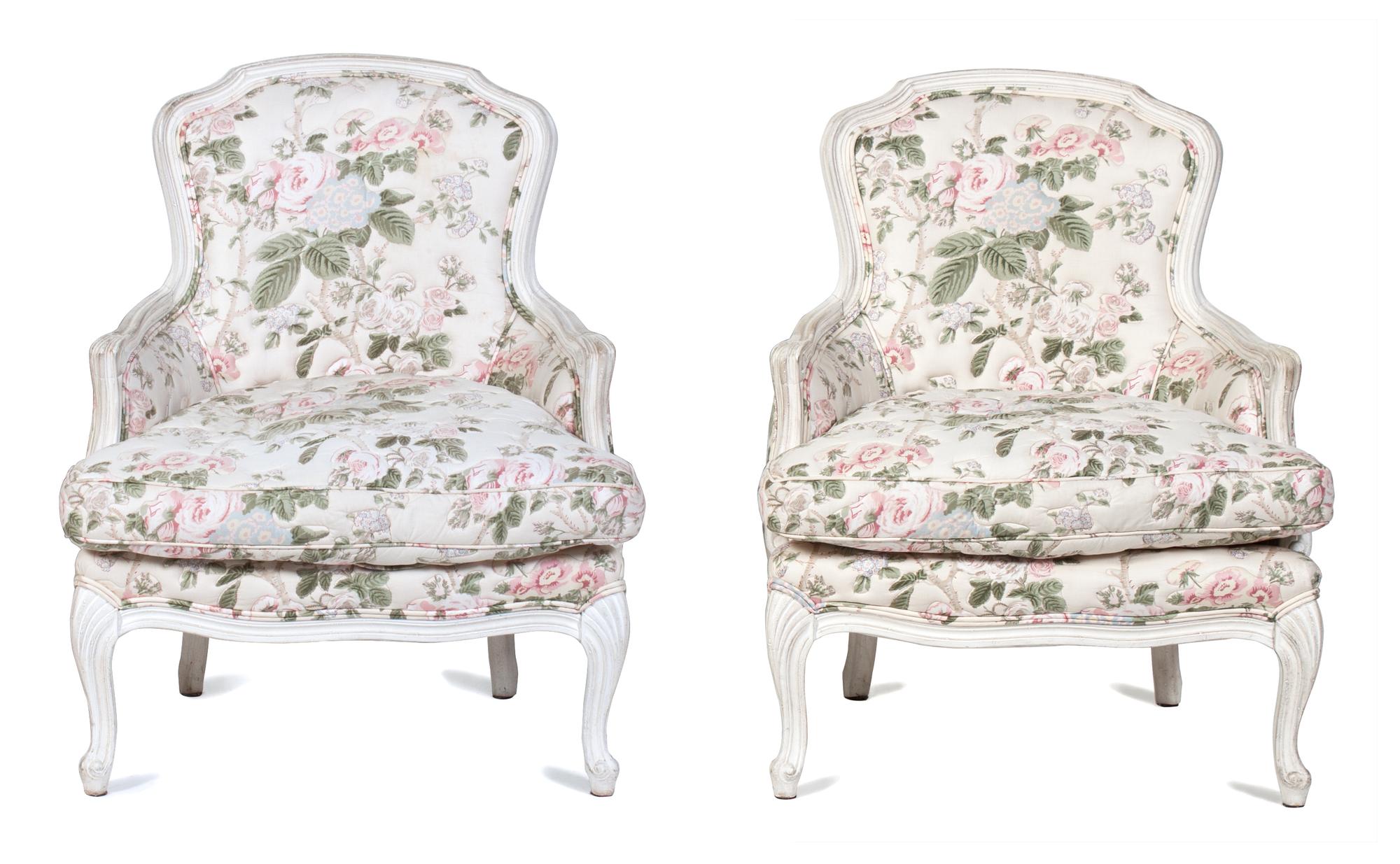 A Pair of Louis XV Style White-Painted Bergeres Height 34 inches. — 20TH CENTURY