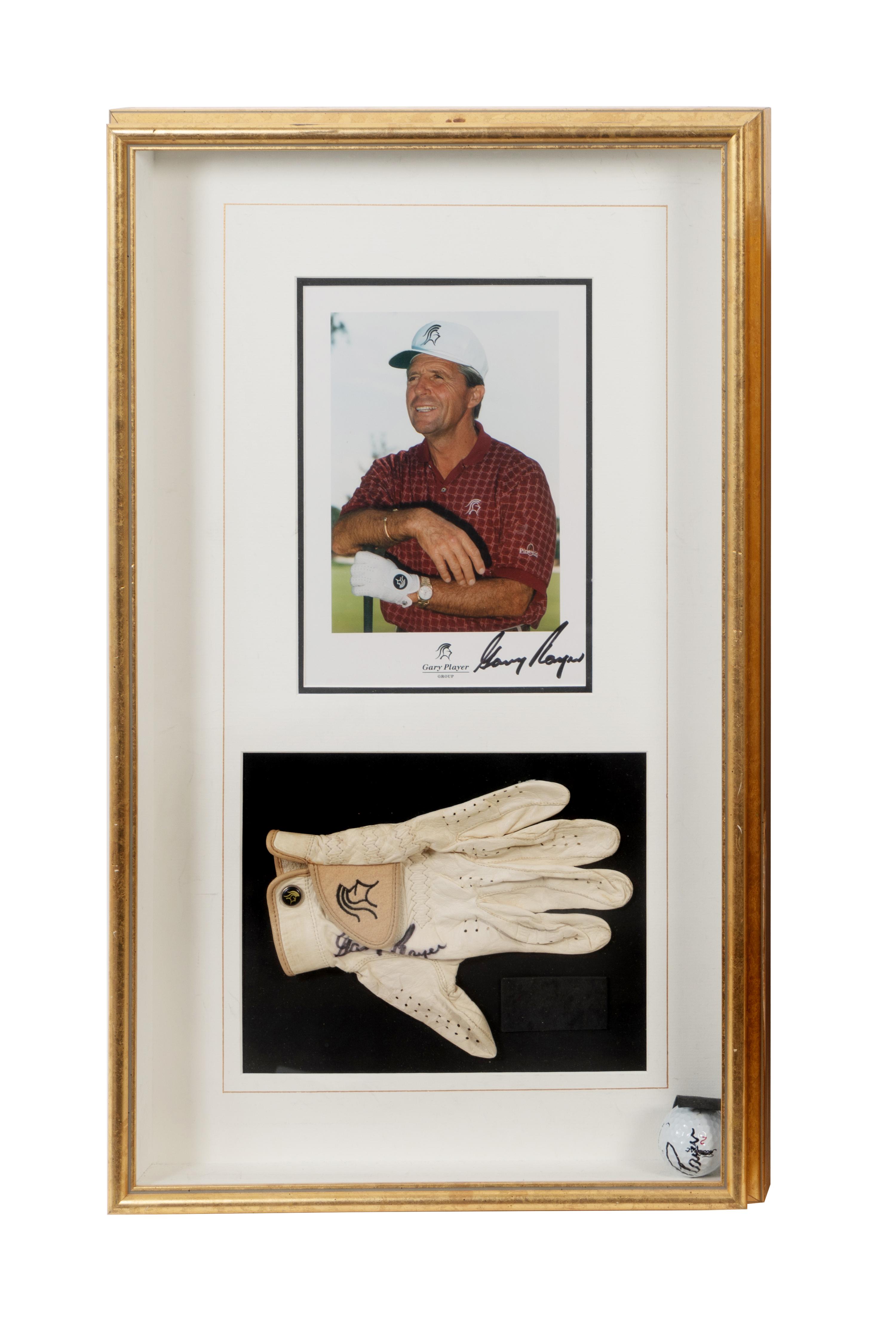 A Group of Gary Player Signed Autograph Displays Featuring a Tournament Used Golf Glove and Limited Edition Autographed Print,